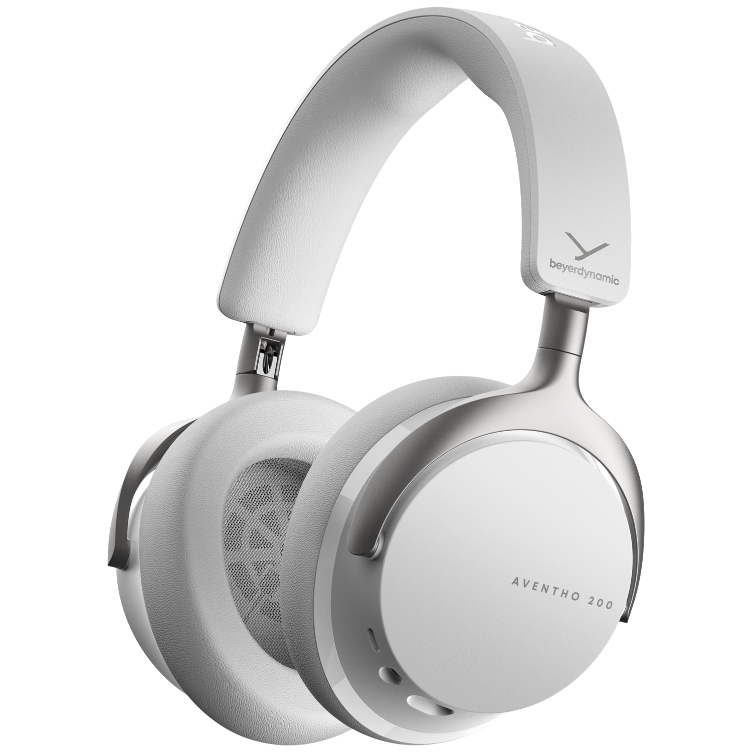 Witte koptelefoon met zilveren accenten. 'AVENTHO 200' staat op de oorschelp. Het merk 'beyerdynamic' is ook zichtbaar.