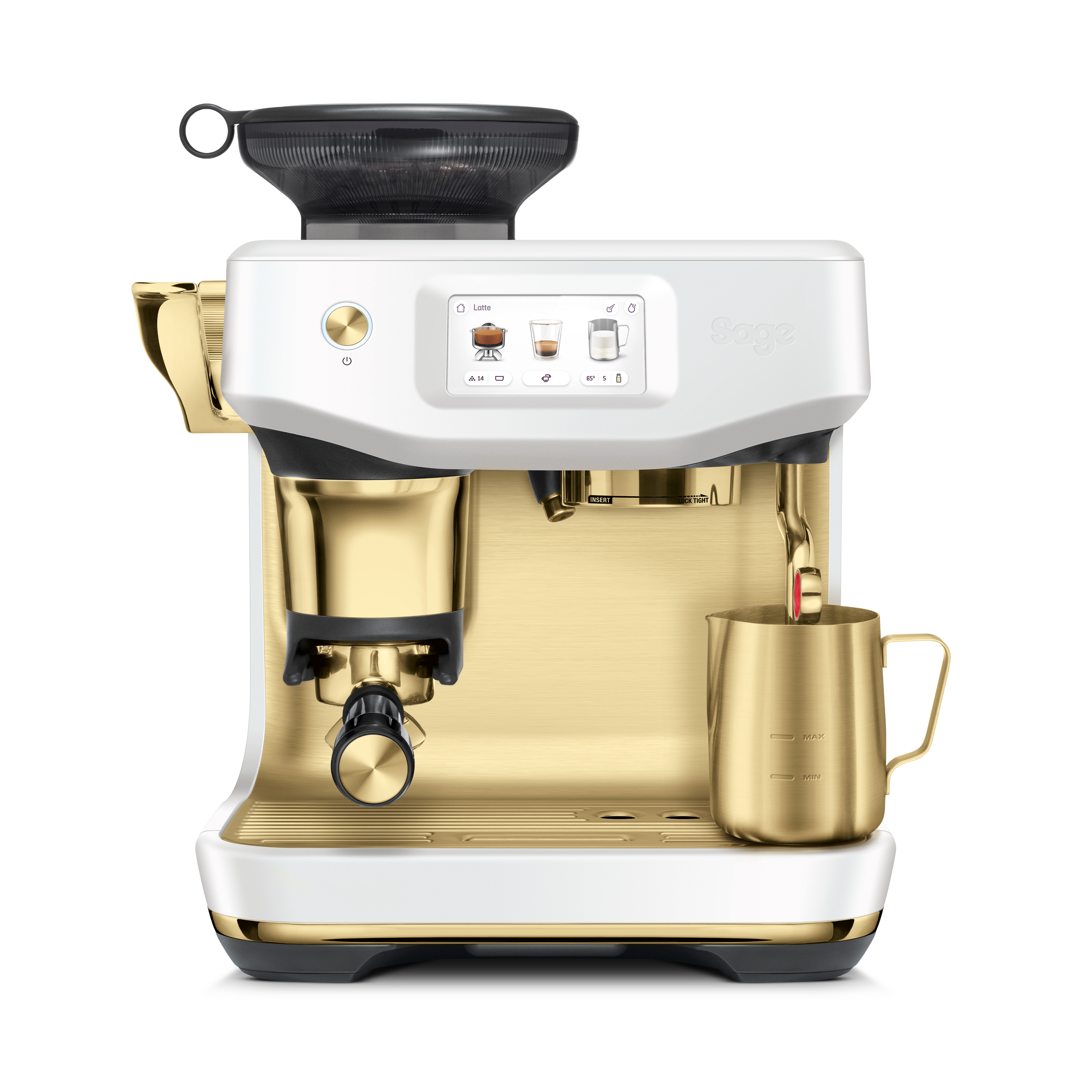 Eine gold-weiß Espressomaschine mit schwarzer Kaffeemühle, Bildschirm und Milchaufschäumkanne.