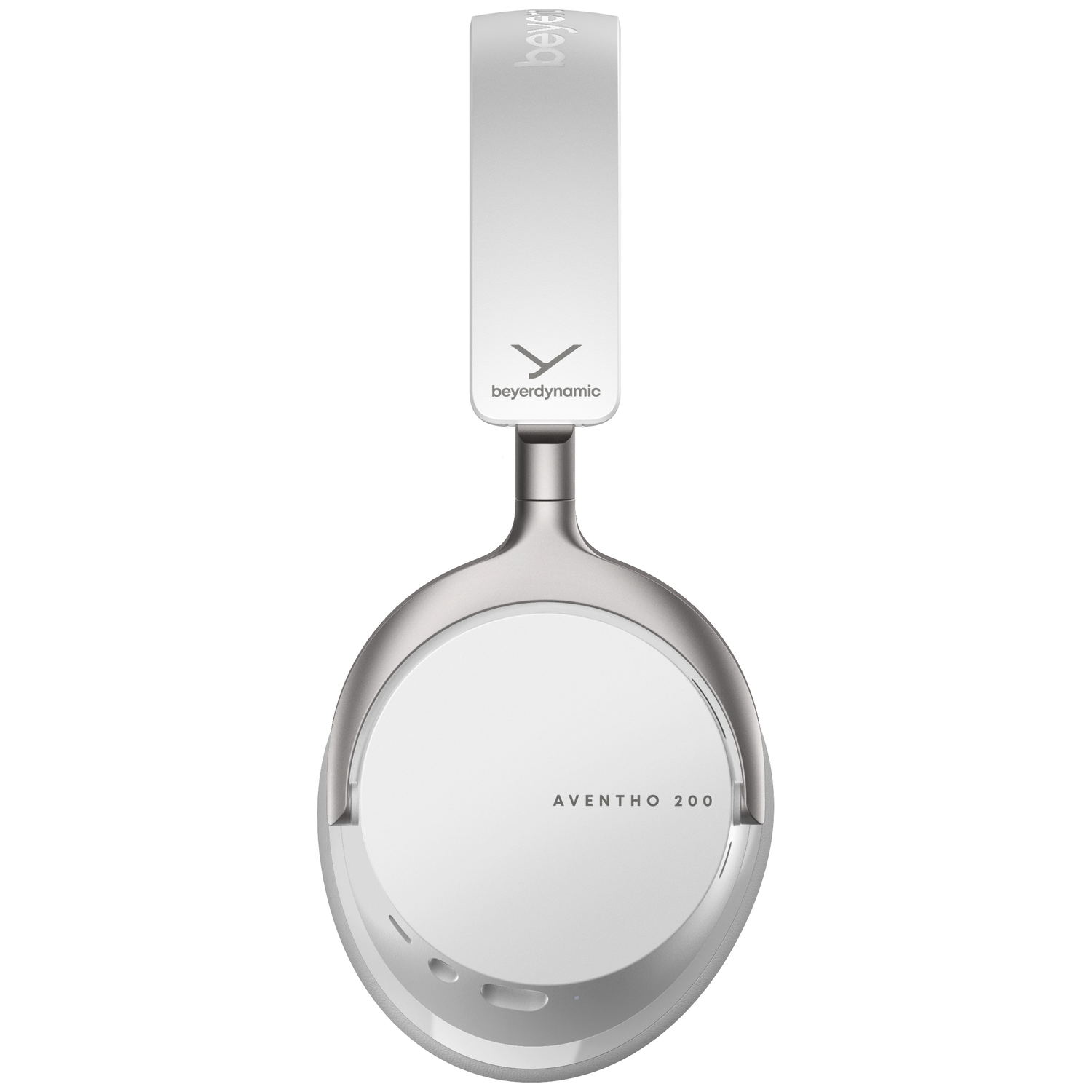 Witte en zilveren koptelefoon. Het merk is 'beyerdynamic'. Het model is 'AVENTHO 200'. Minimalistisch ontwerp op witte achtergrond.