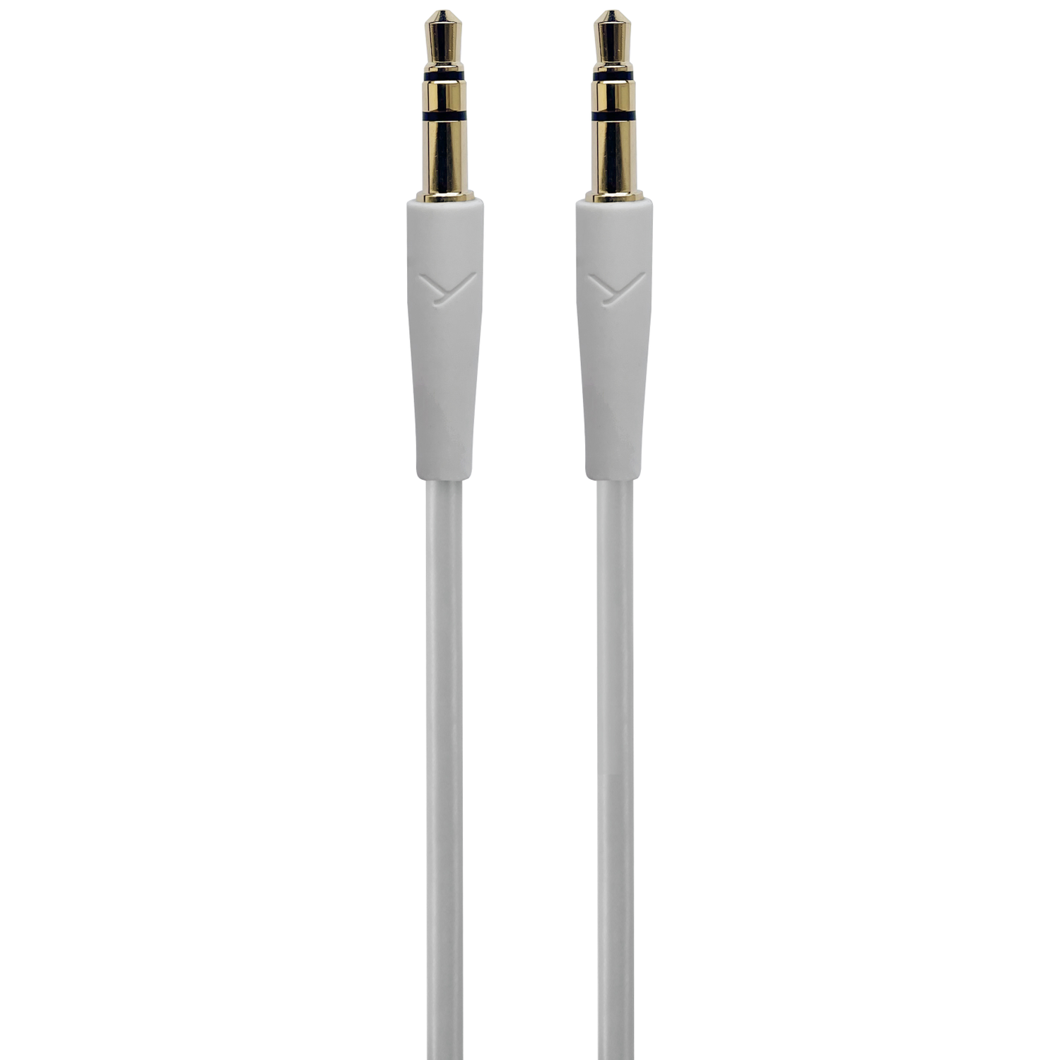 Twee witte audio jack kabels met goudkleurige uiteinden op een witte achtergrond. Elke kabel heeft een witte plastic grip.