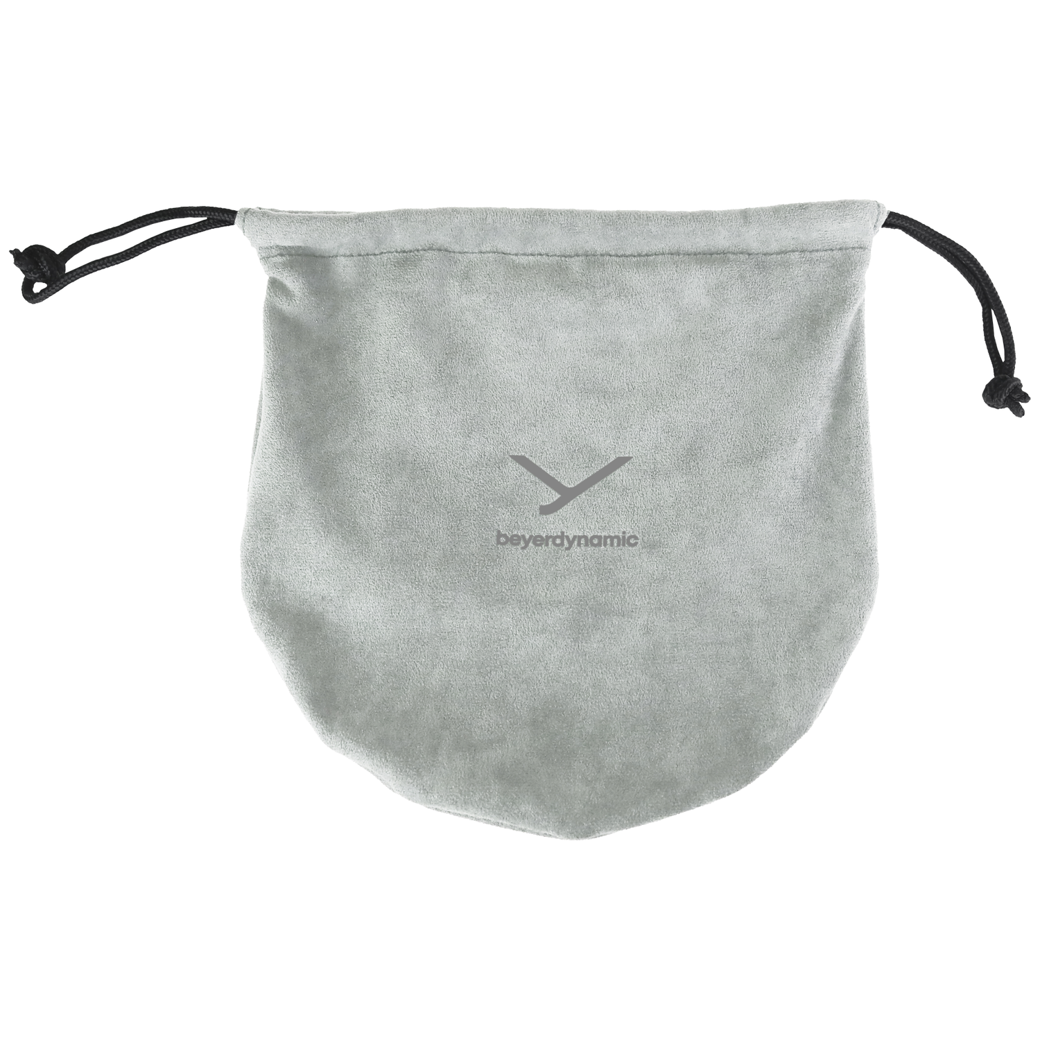 Een grijze tas met trekkoord en Beyerdynamic logo. Zwarte koorden aan beide zijden.