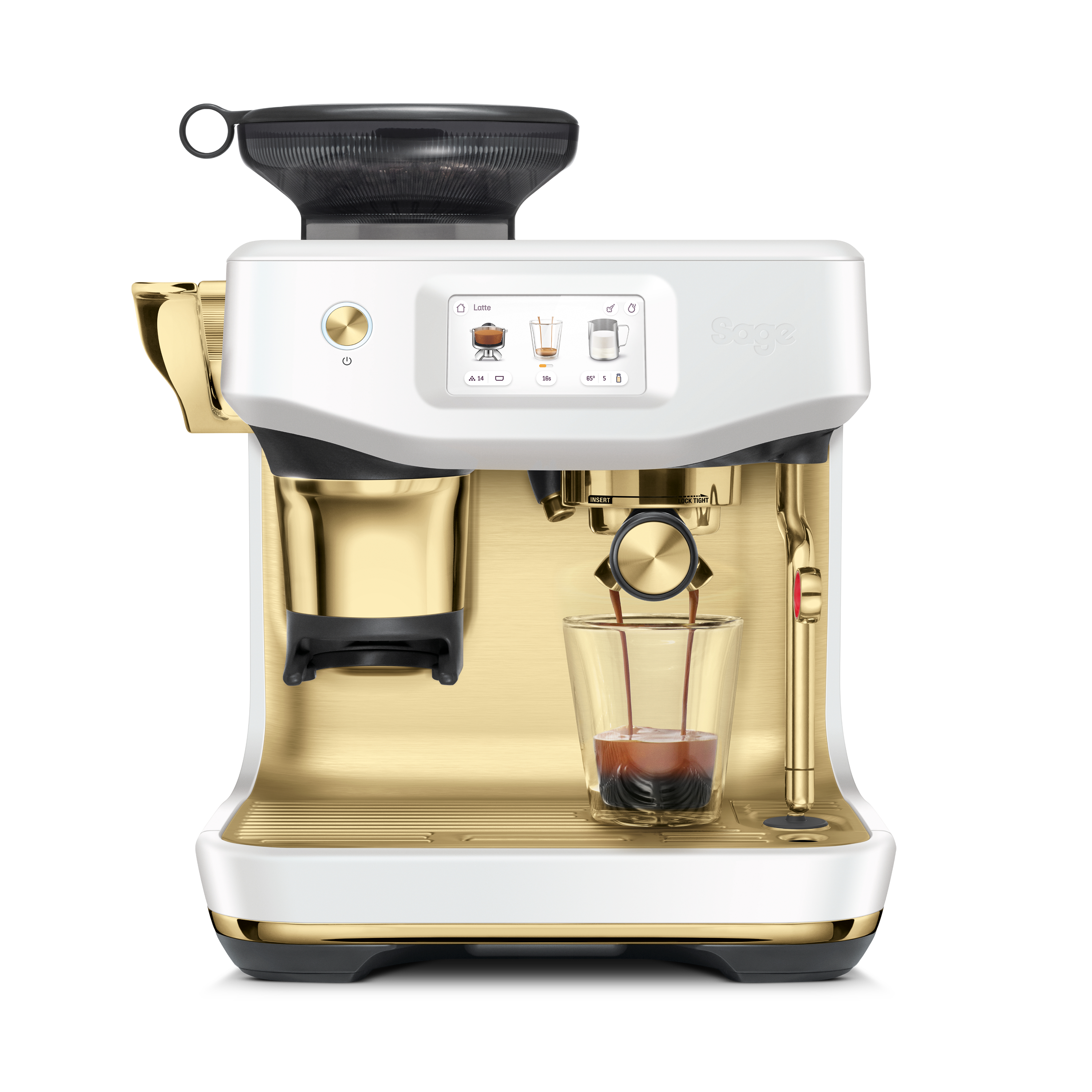 Eine weiß-goldene Espressomaschine. Kaffee fließt in ein Glas. Ein digitaler Bildschirm und eine Mühle sind sichtbar.