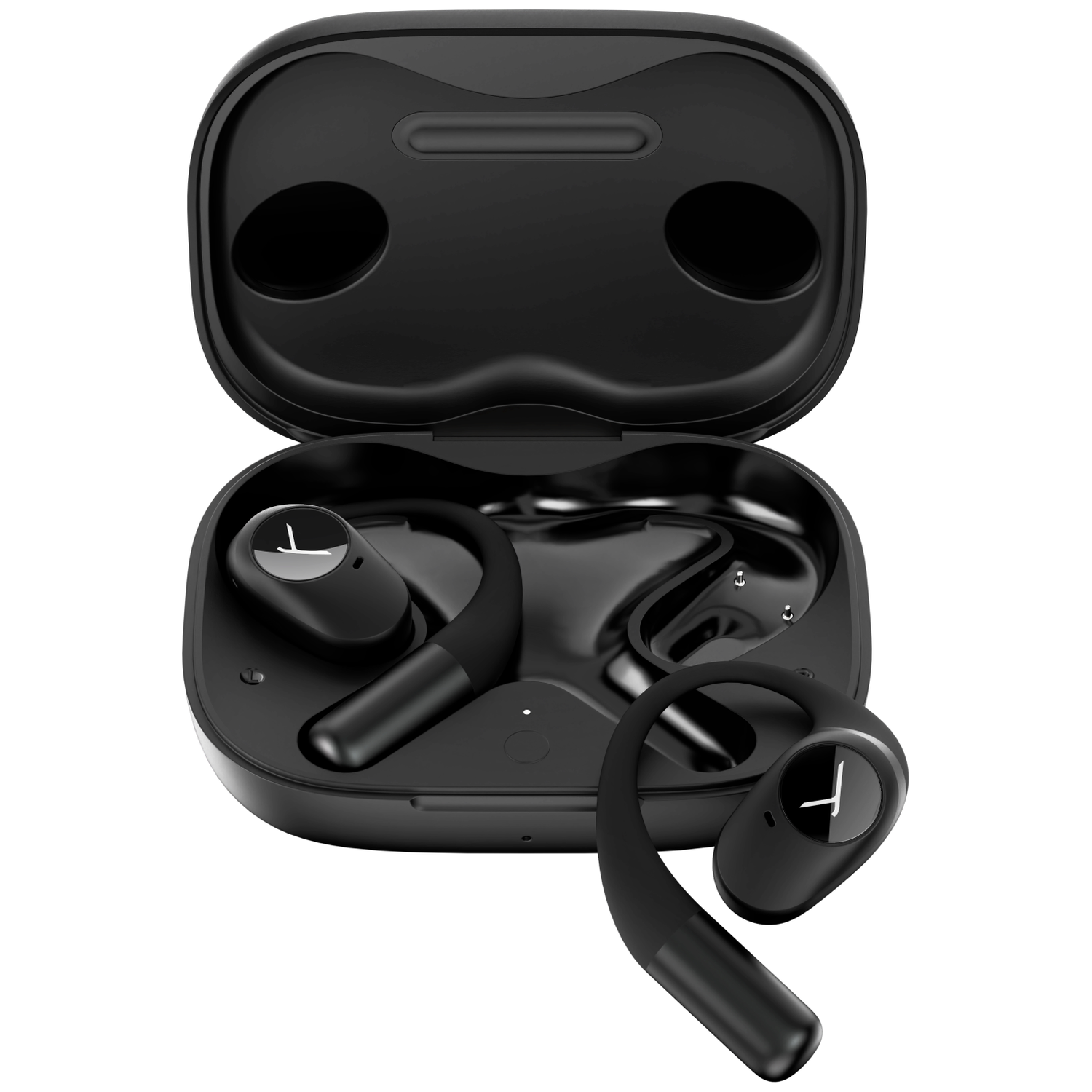 Black wireless earbuds with a charging case. The case is open, revealing the earbuds inside. The earbuds have a hook shape.