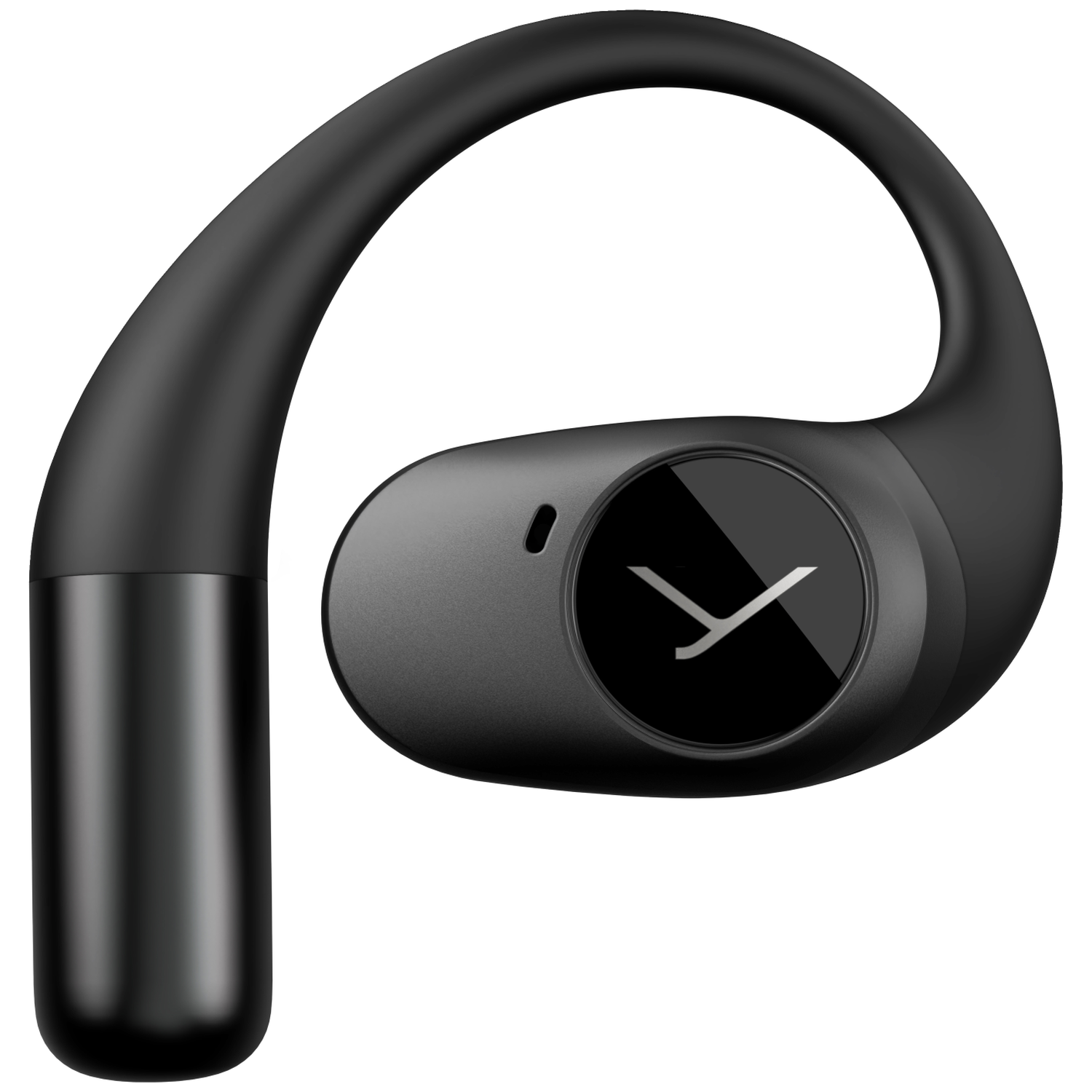 Black earphone with a curved design. It has a circular button with a white logo. The background is white.