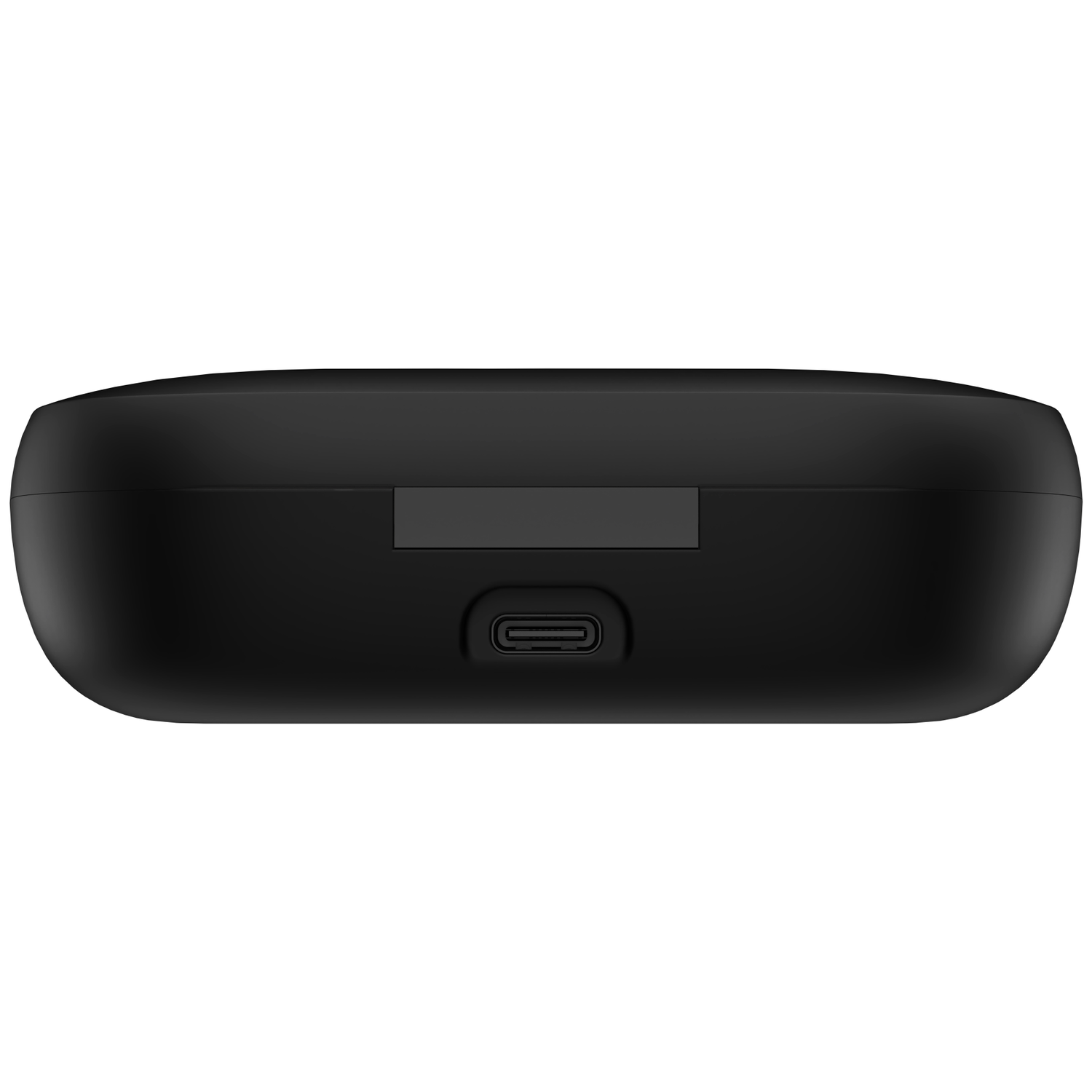 A black charging case is shown against a white background. It has a charging port and a small rectangular button.