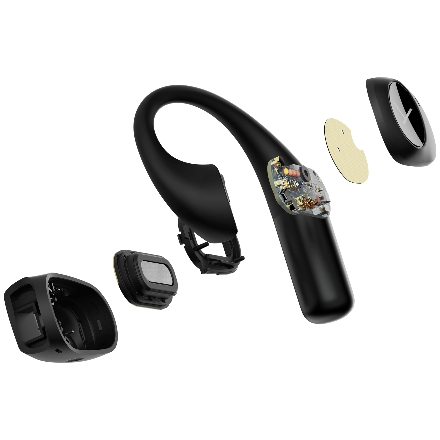 Exploded view of a black headset, revealing internal components. Parts are separated, showing circuit board, speaker, and casing.