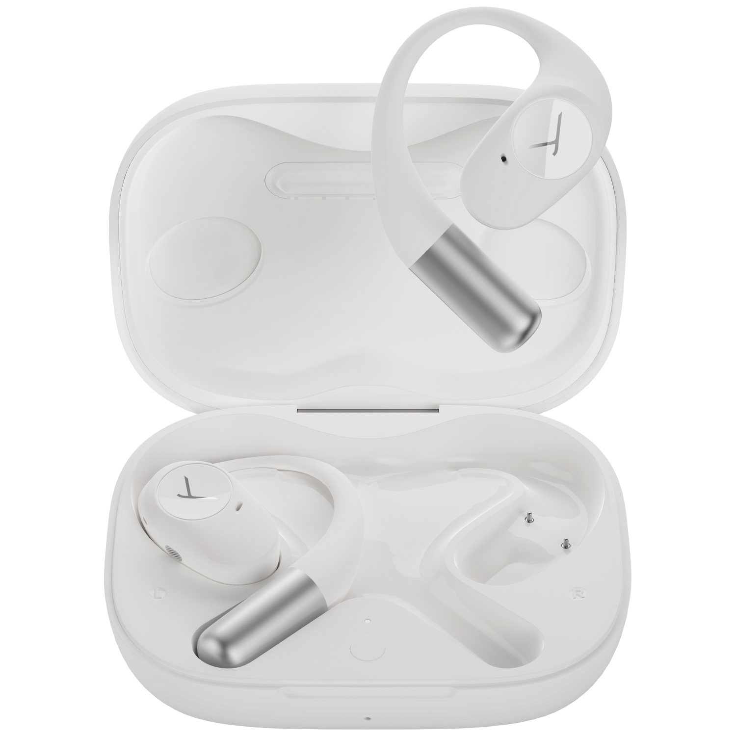 White earbuds with silver accents in an open white case. One earbud is outside the case. Both have a logo on them.