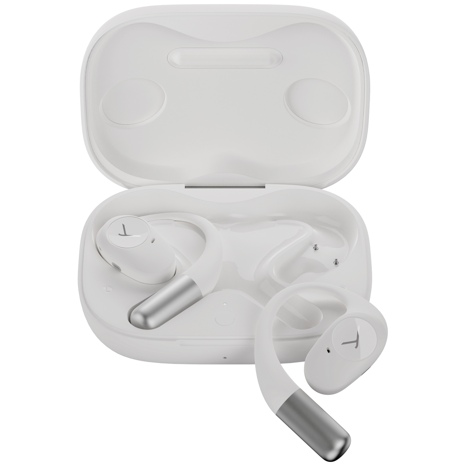 White open charging case with two white and silver earbuds. One earbud is outside the case.