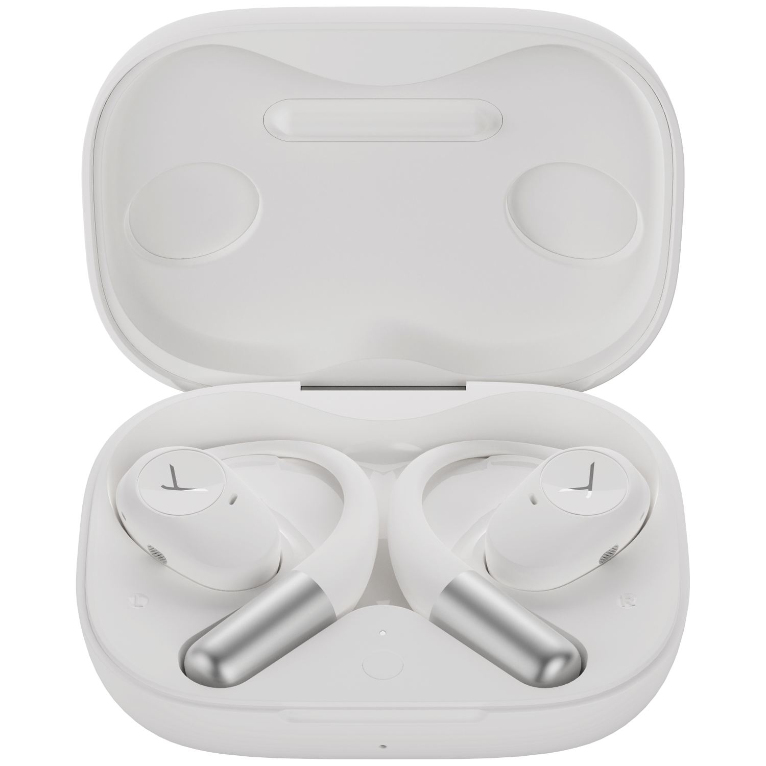 White open charging case with two white earbuds inside. Each earbud has a silver stem and a logo. The case is on a white background.