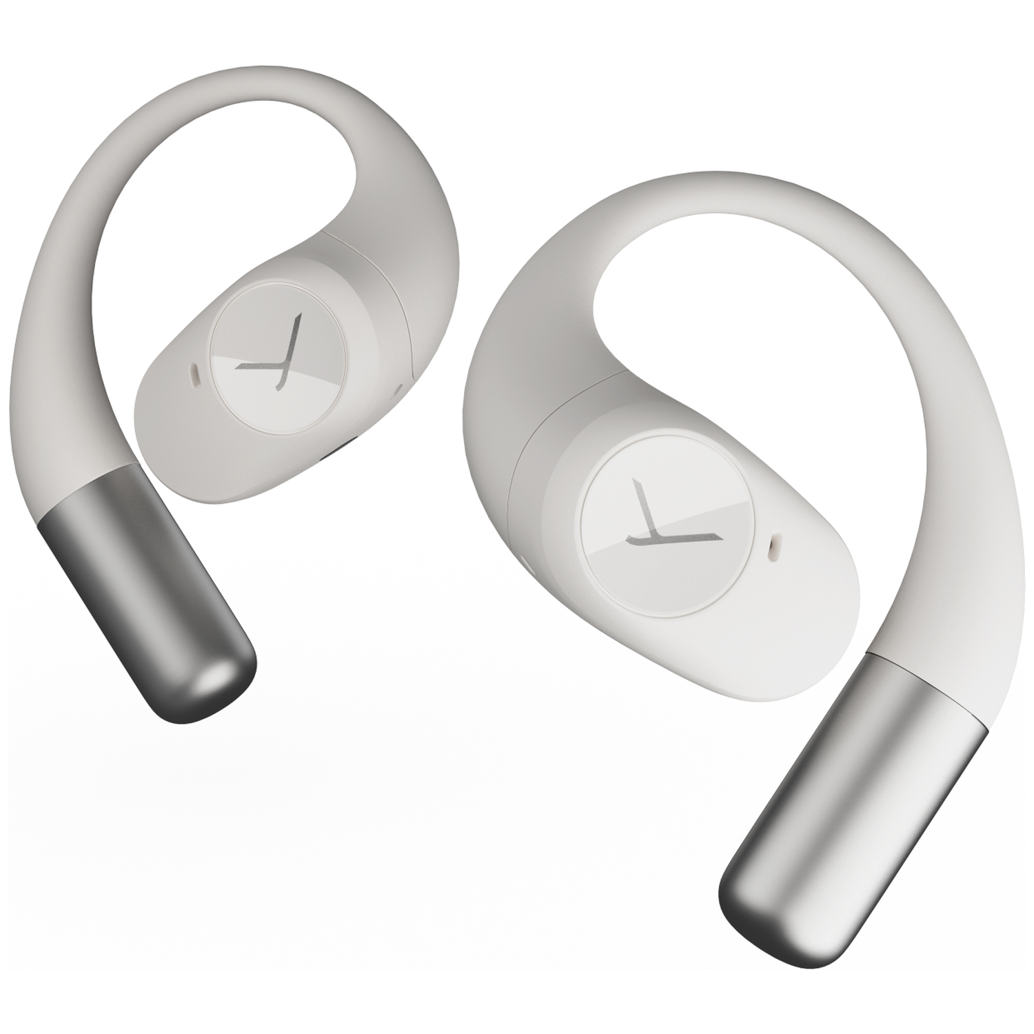 Two white and silver wireless earbuds with a hook design. Each earbud has a logo on it.