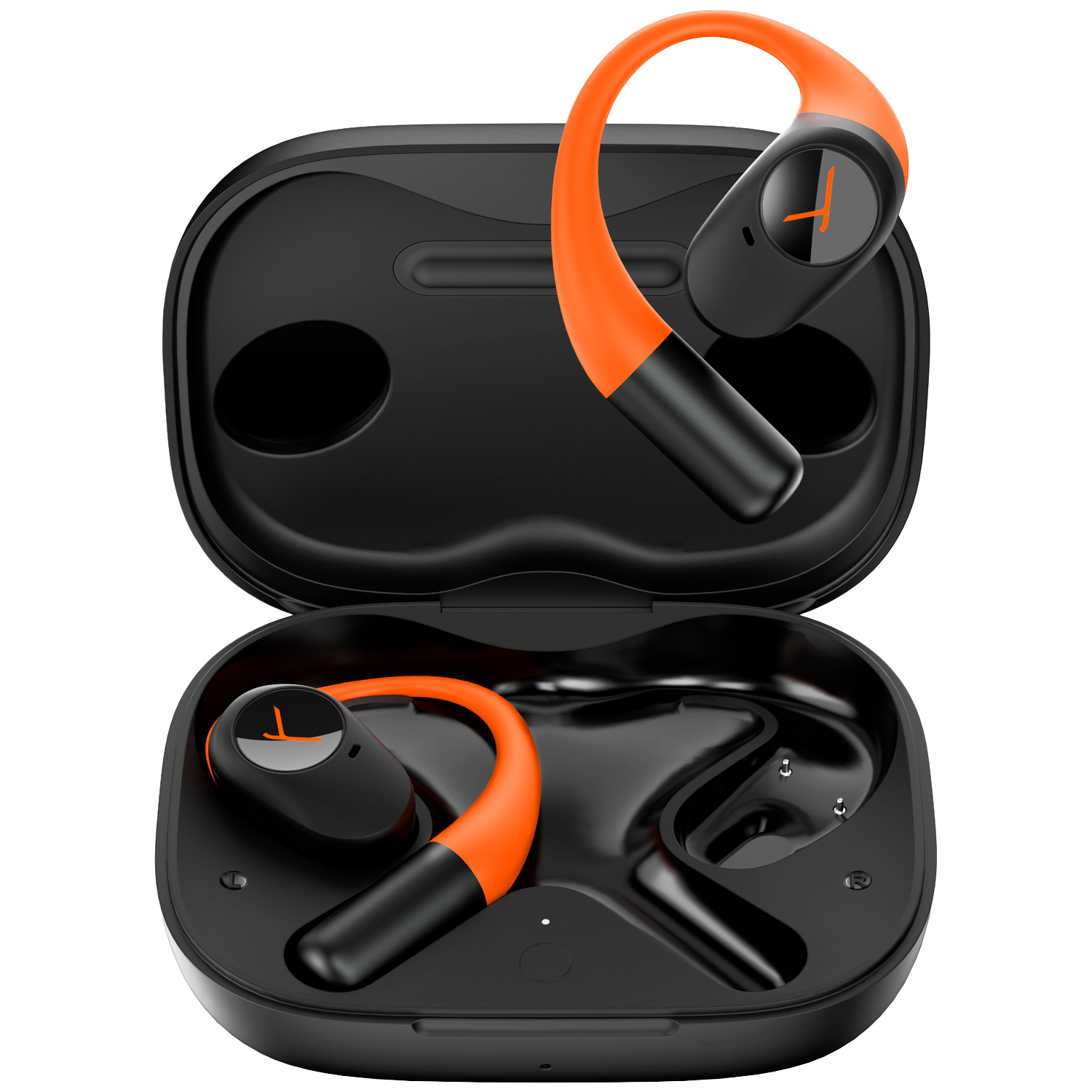 Black charging case with two orange and black earbuds. Each earbud has an orange hook and the letter 'T' on it.