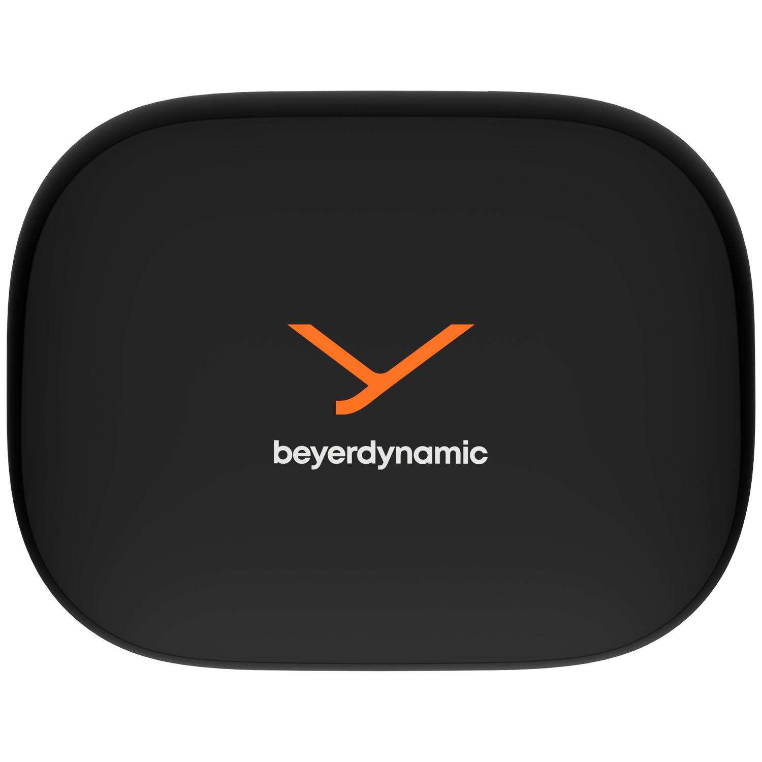 Black, oval-shaped case with orange Beyerdynamic logo and white text. Rounded corners and a glossy surface.