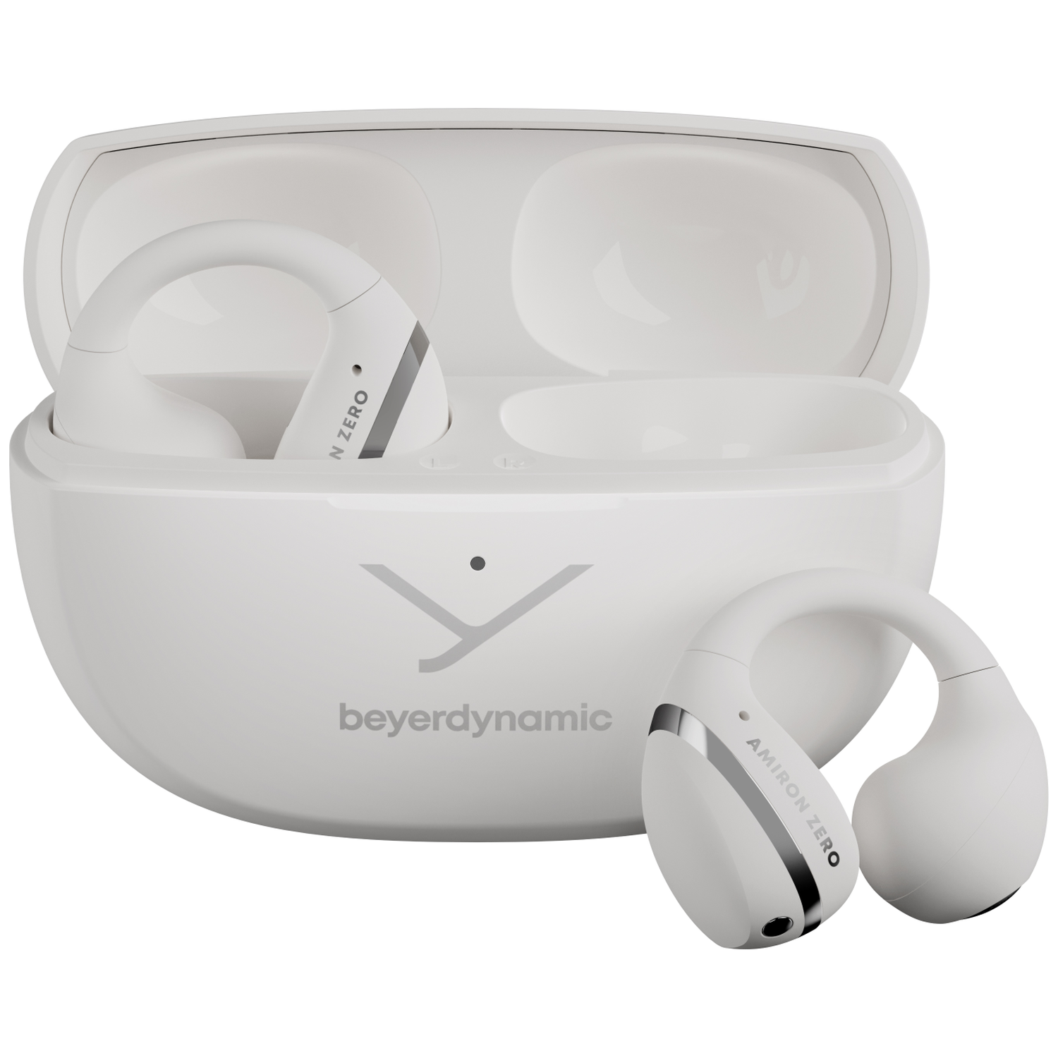 White Beyerdynamic Amiron Zero earbuds. One earbud is outside the charging case. The case is open.