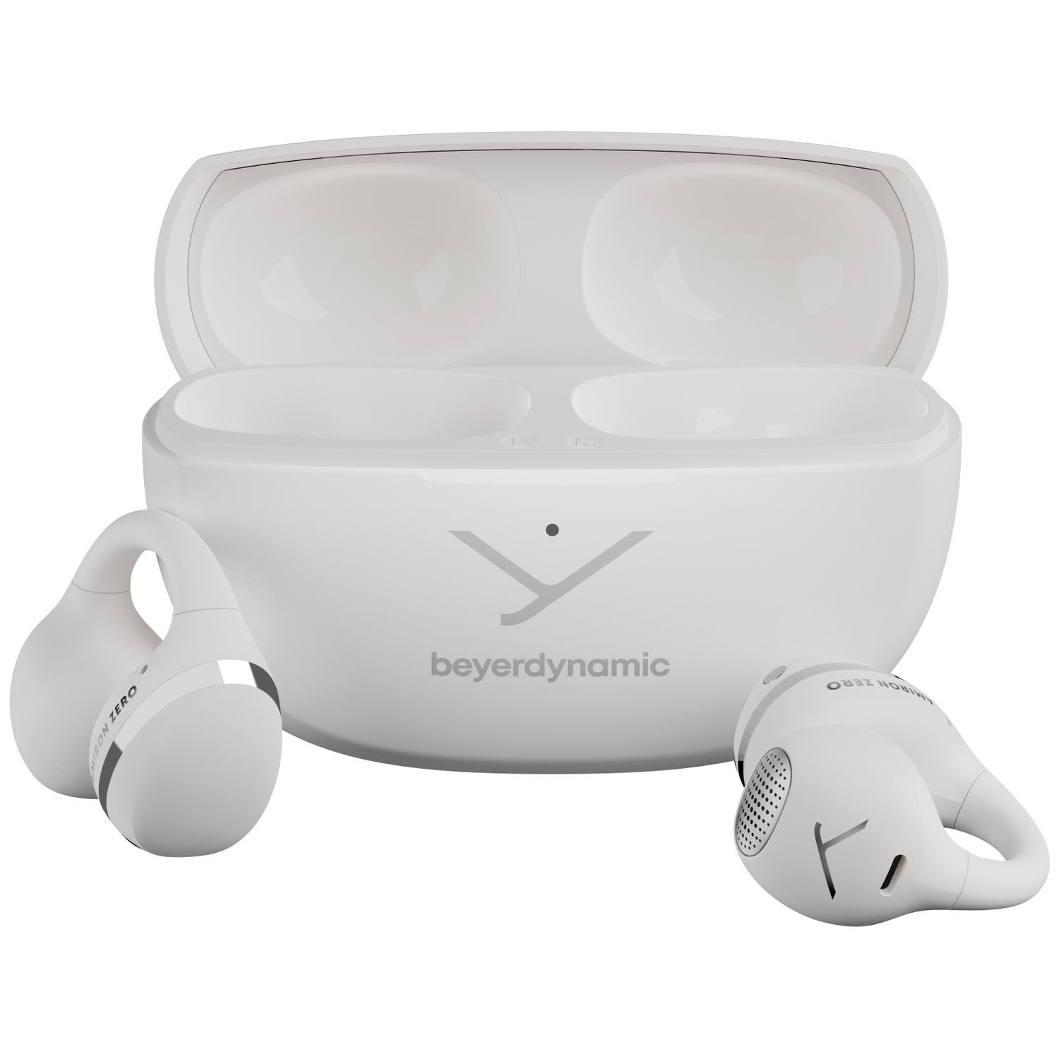 White Beyerdynamic wireless earbuds and charging case. The case is open. Earbuds are visible. The brand name is visible on the case.