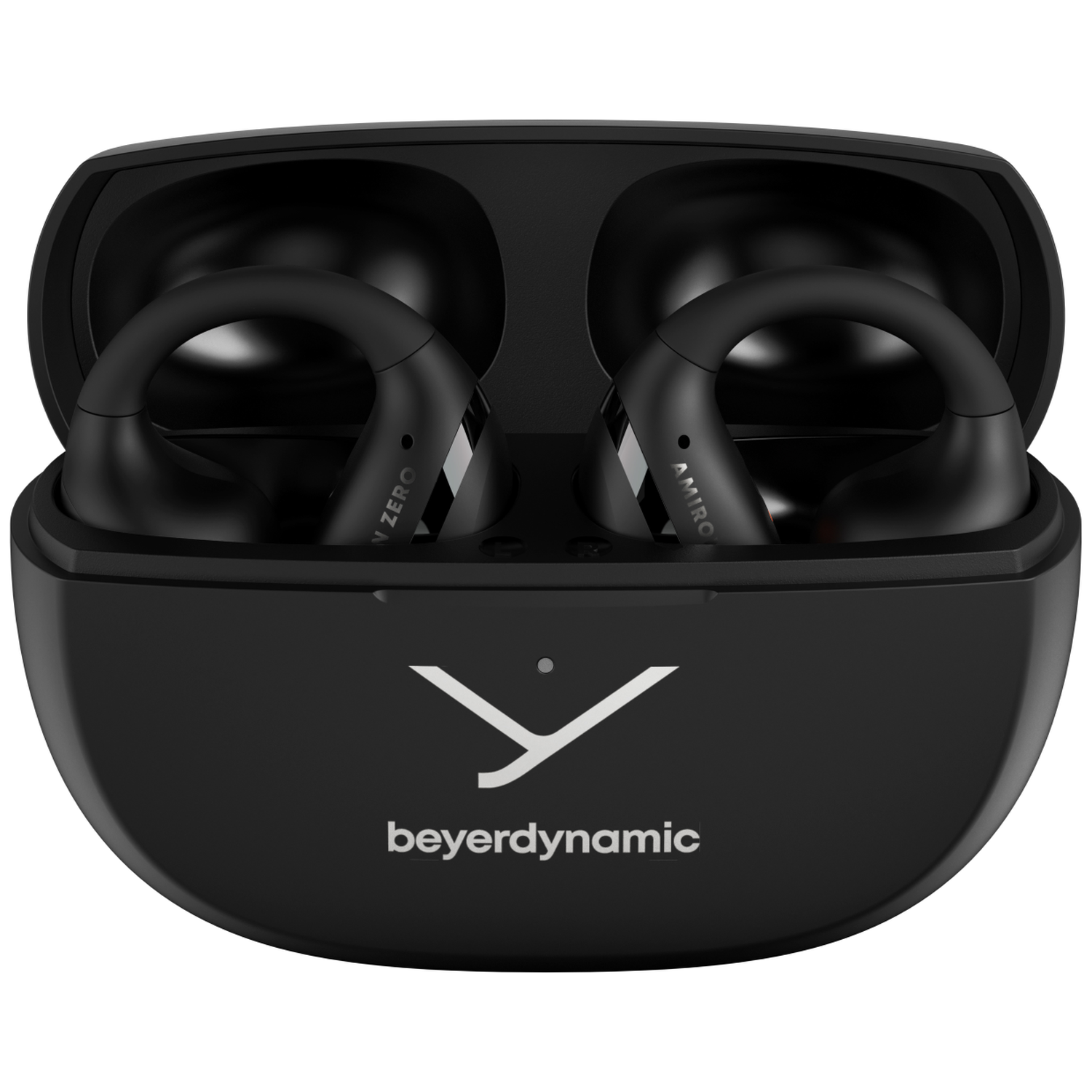 Black earbuds in an open charging case. The case has the Beyerdynamic logo. Earbuds have hooks.