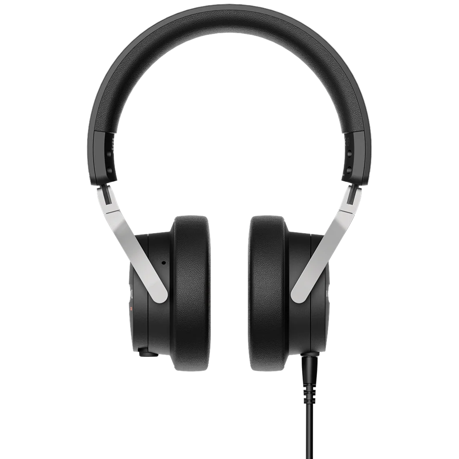 Black headphones with silver accents and a black cable, against a white background. The earcups are round.