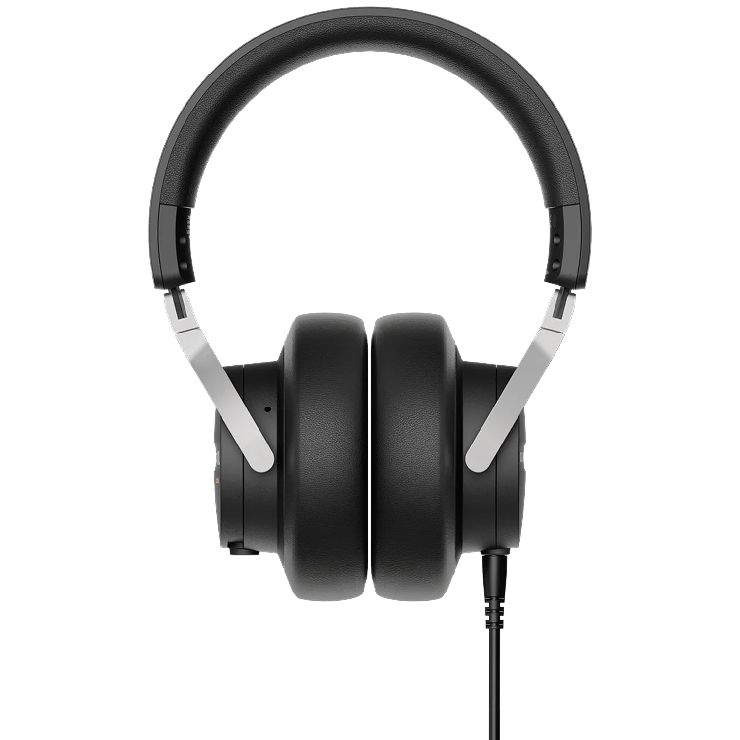 Black headphones with silver accents and a black cable, set against a white background.
