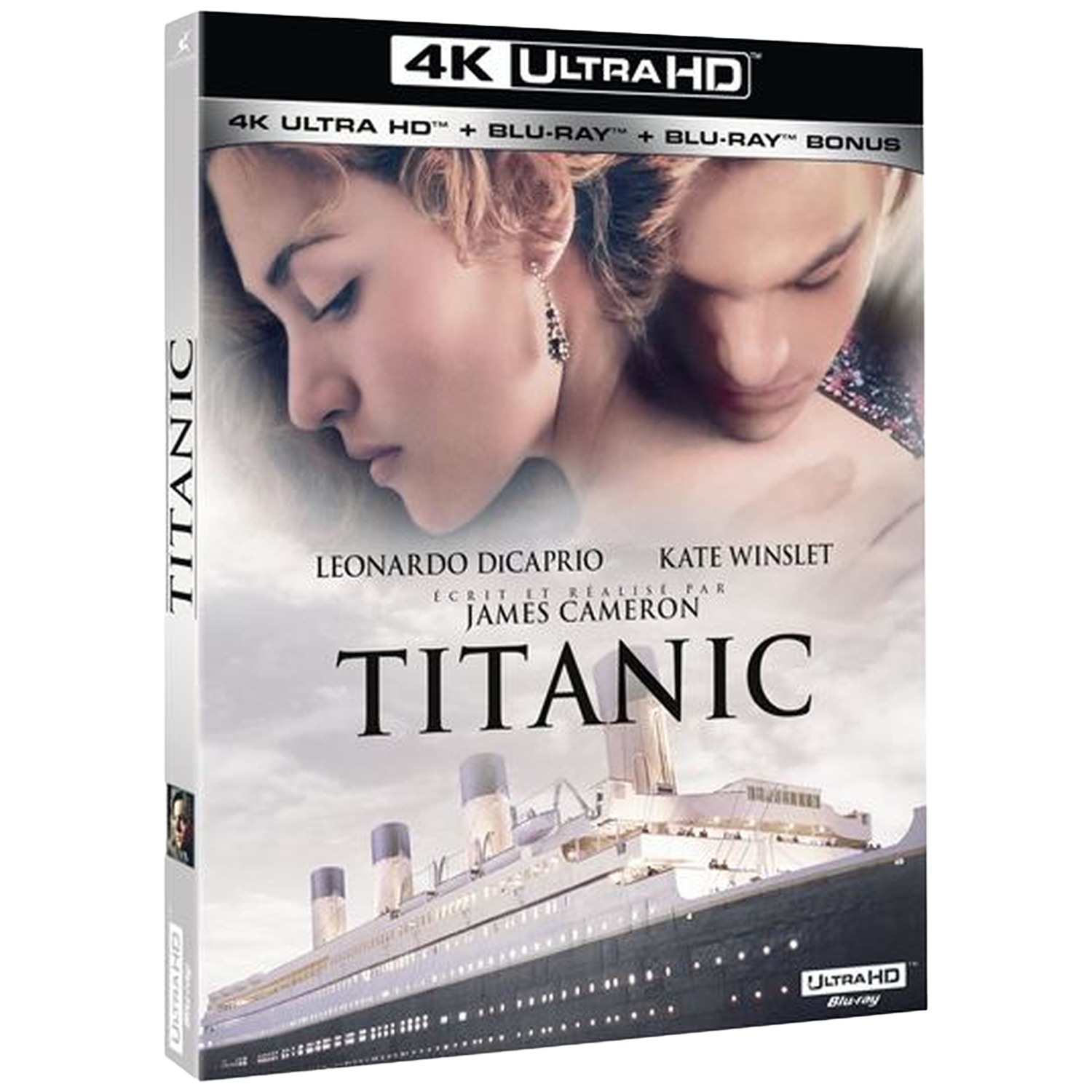Titanic Blu-ray cover. Met Leonardo DiCaprio en Kate Winslet. Het schip Titanic op de achtergrond. 4K Ultra HD Blu-ray.