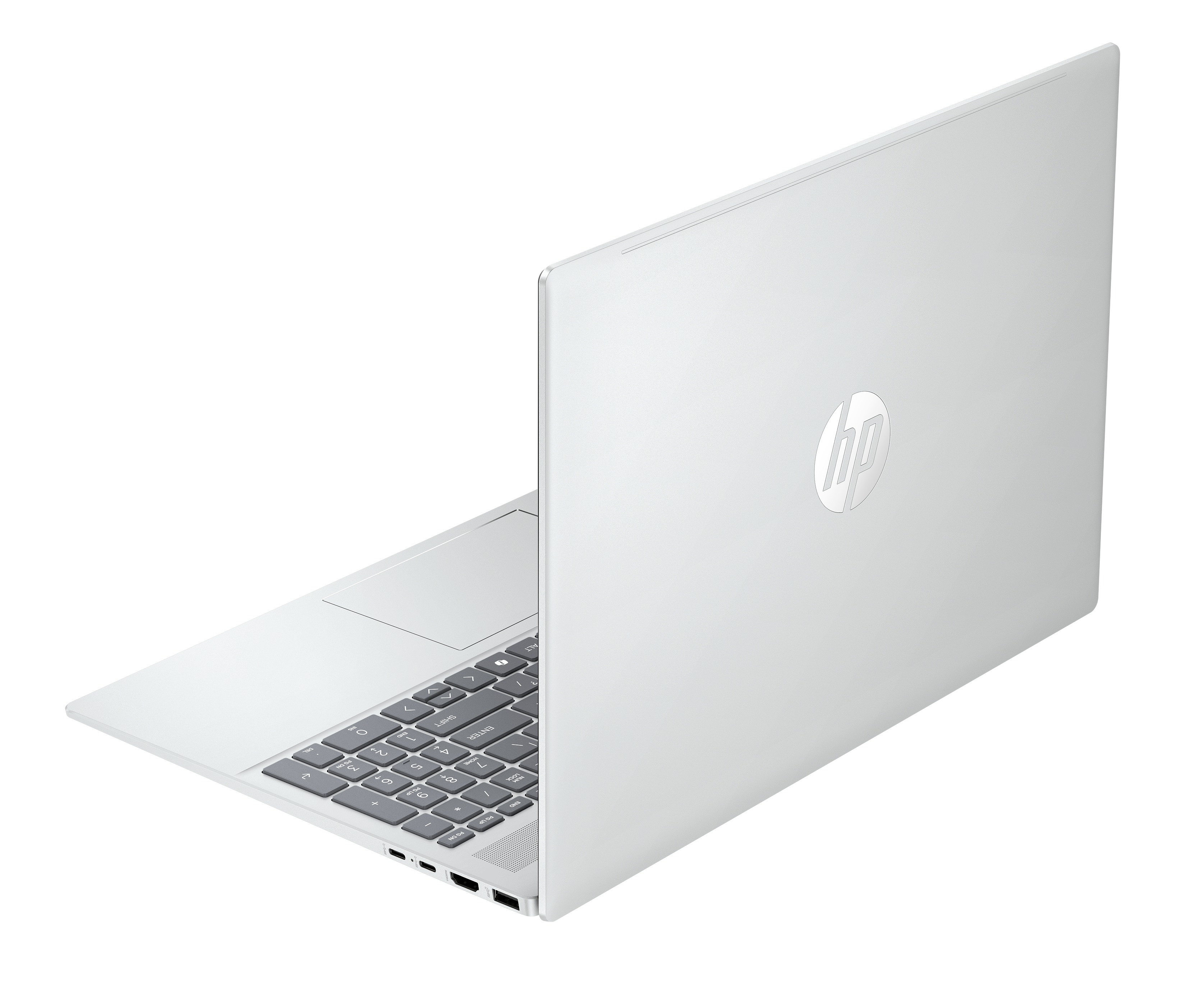 Biały laptop HP jest wyświetlany pod kątem, otwarty. Klawiatura jest widoczna. Tło jest czarne.