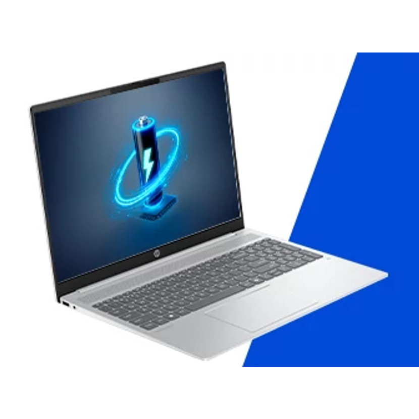 Srebrny laptop z ekranem pokazującym ikonę ładowania baterii. Białe i niebieskie tło.