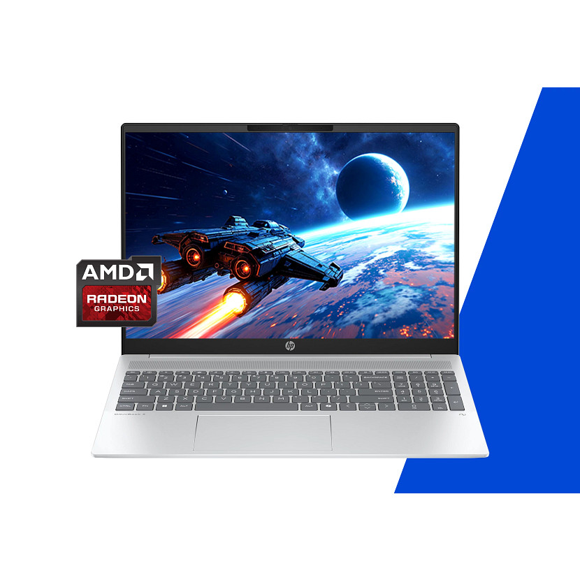 Srebrny laptop HP z kosmicznym statkiem w kosmosie. Logo graficzne AMD Radeon po lewej. Tło to planeta.