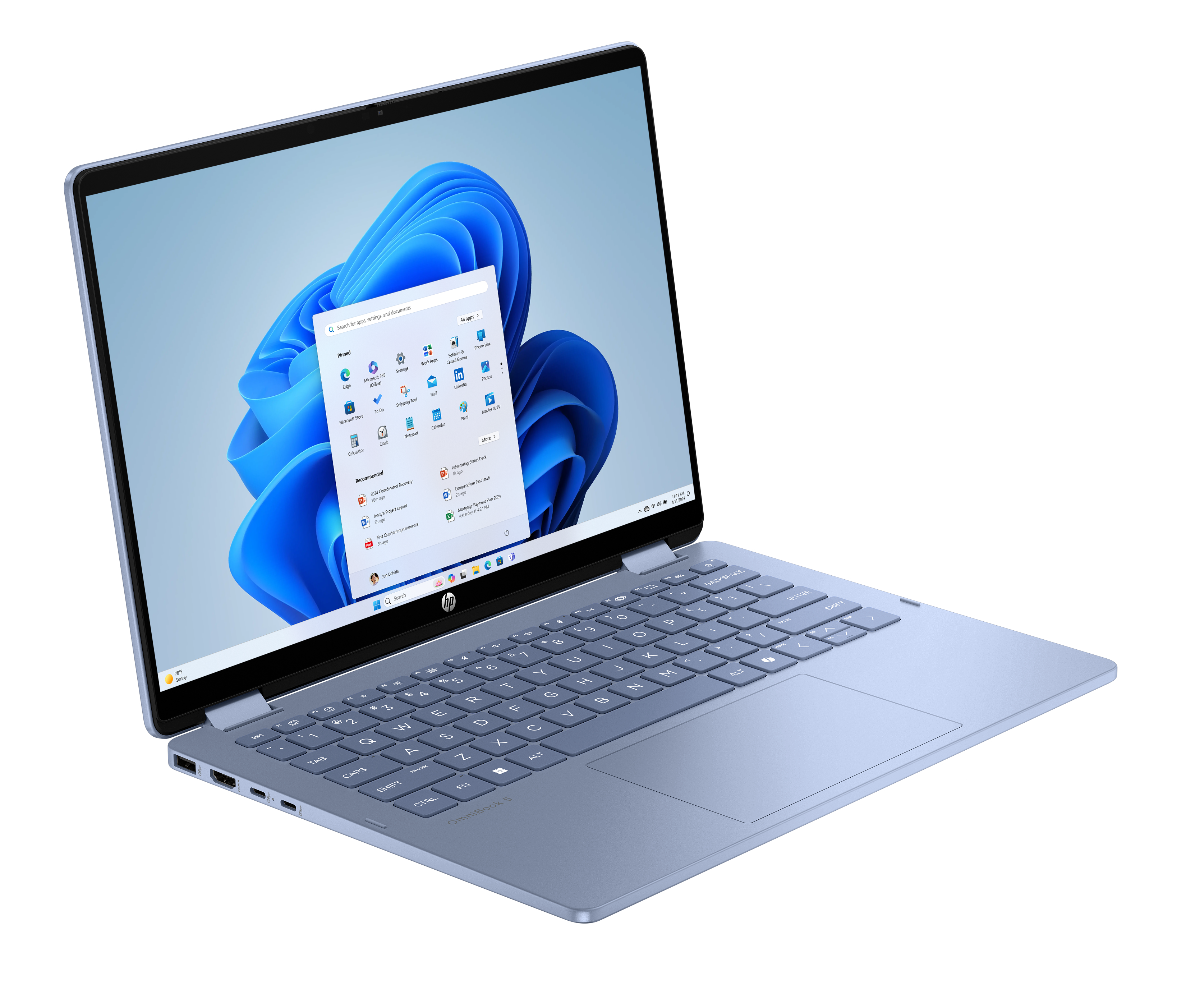 Niebieski laptop HP na czarnym tle wyświetla interfejs Windows 11 z otwartymi aplikacjami.