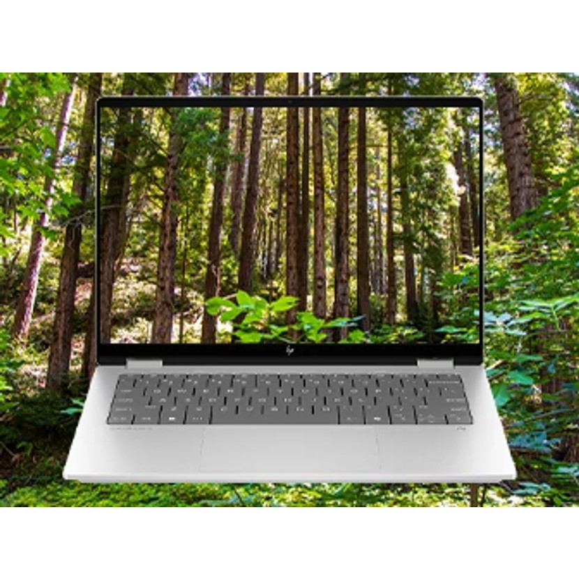Srebrny laptop wyświetla scenę leśną. Klawiatura jest szara. Tło przedstawia gęsty las z wysokimi drzewami i zielonymi liśćmi.