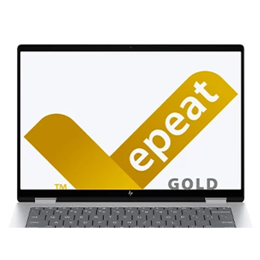 Ekran laptopa wyświetla złote logo epeat. Klawiatura jest szara, a laptop jest otwarty.