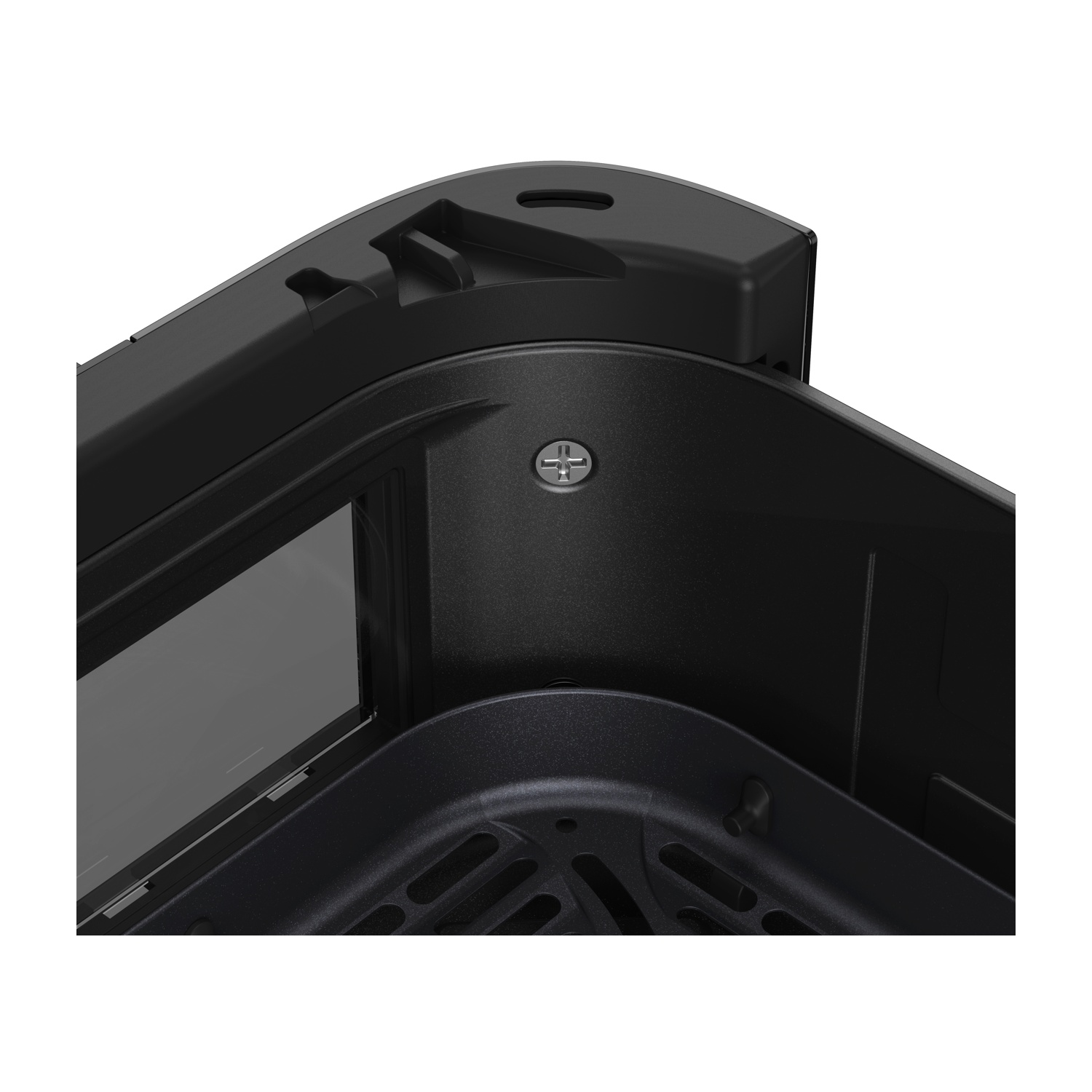 Primo piano di un componente di un elettrodomestico nero. Presenta un interno scuro con un pannello di vetro, una vite e una base scanalata.