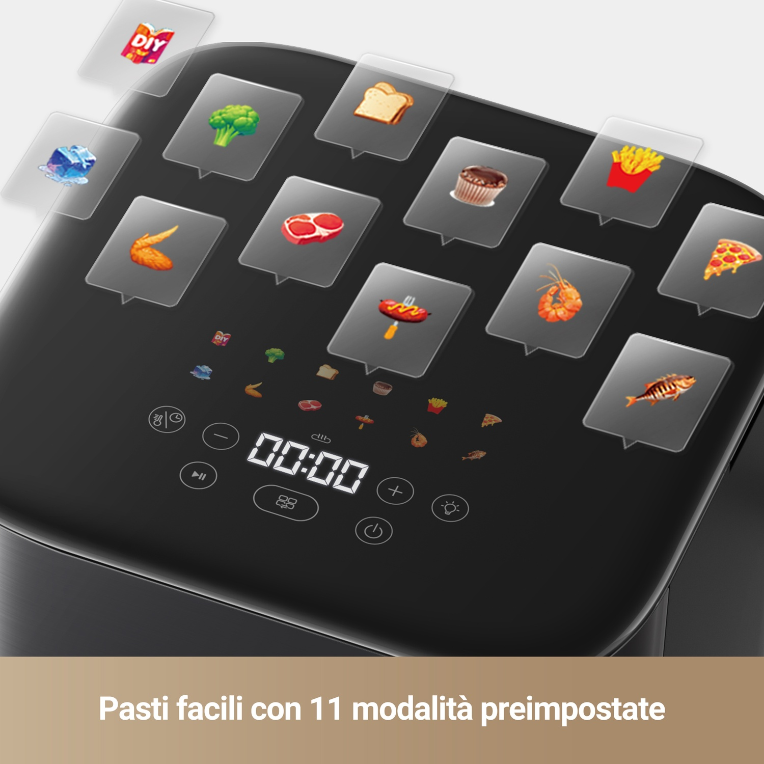Friggitrice ad aria nera con icone di cibo, schermo con 00:00 e pulsanti. Il testo in basso dice 'Pasti facili con 11 modalità preimpostate'.
