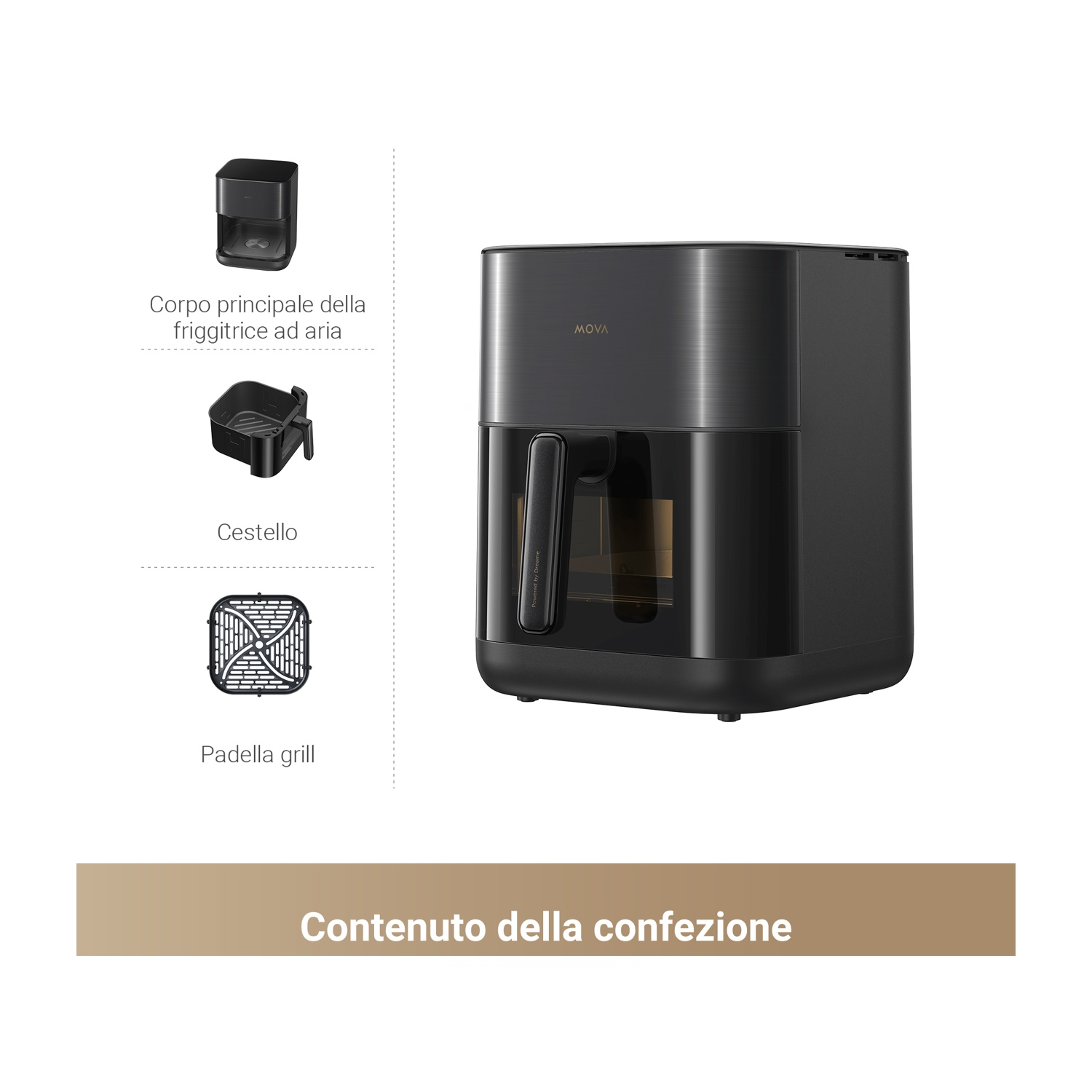 Una friggitrice ad aria nera con manico, insieme alle sue parti: corpo principale, cestello e griglia. Testo in italiano.
