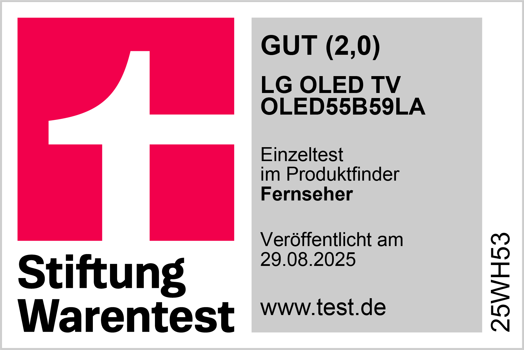 Das Bild zeigt ein rot-weißes Logo mit dem Text 'Stiftung Warentest' und Informationen zu einem LG OLED TV, einschließlich einer 'Gut'-Bewertung.