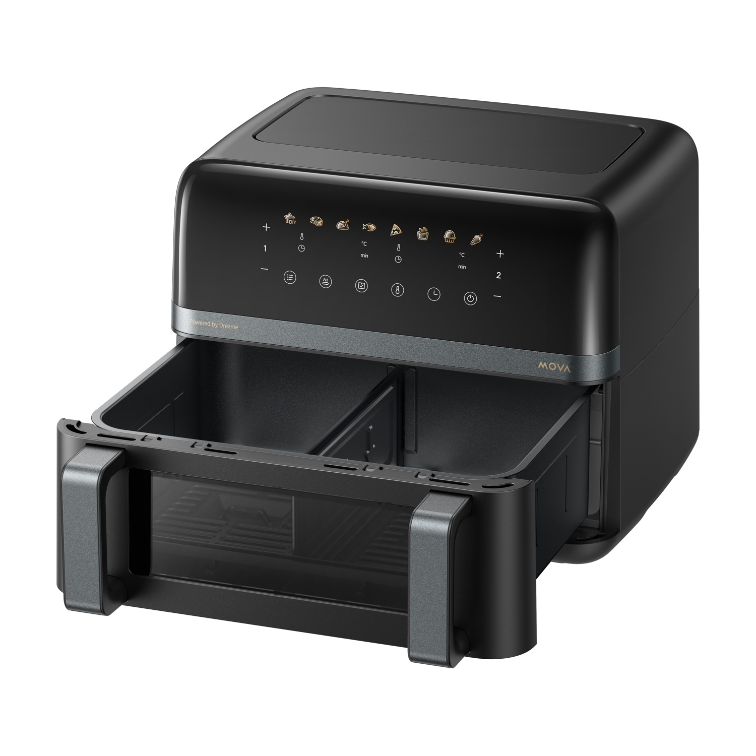 Friggitrice ad aria nera con cassetto aperto. Ha un display digitale e il marchio MOVA. Il cassetto e la maniglia sono grigi.