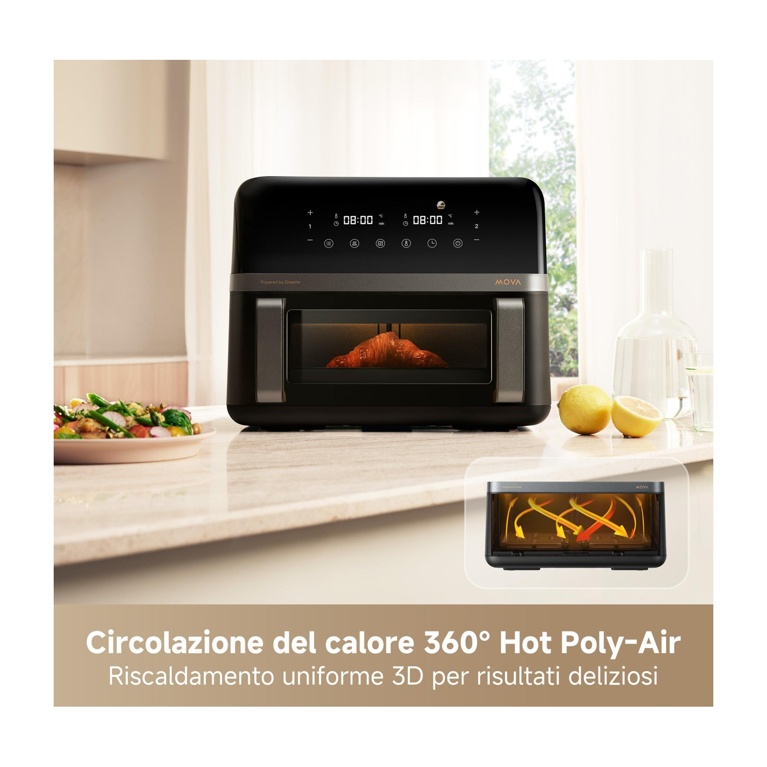 Friggitrice ad aria nera con croissant. Limoni, insalata e contenitore di vetro sul bancone. Testo: 'MOVA' e 'Hot Poly-Air'.
