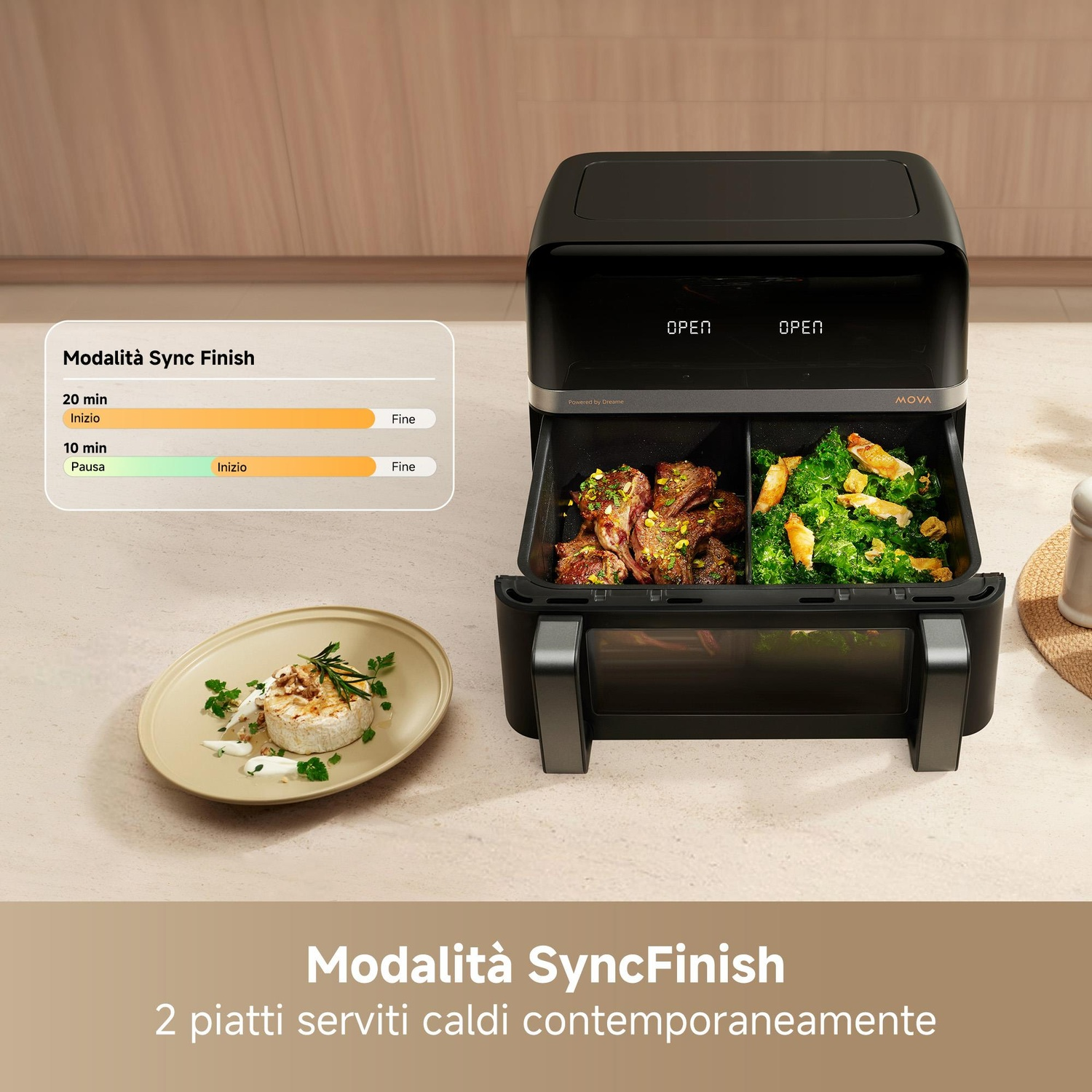 Una friggitrice ad aria con cibo all'interno, un piatto con cibo e un display del timer. Il testo dice 'Sync Finish' e '2 piatti serviti'.