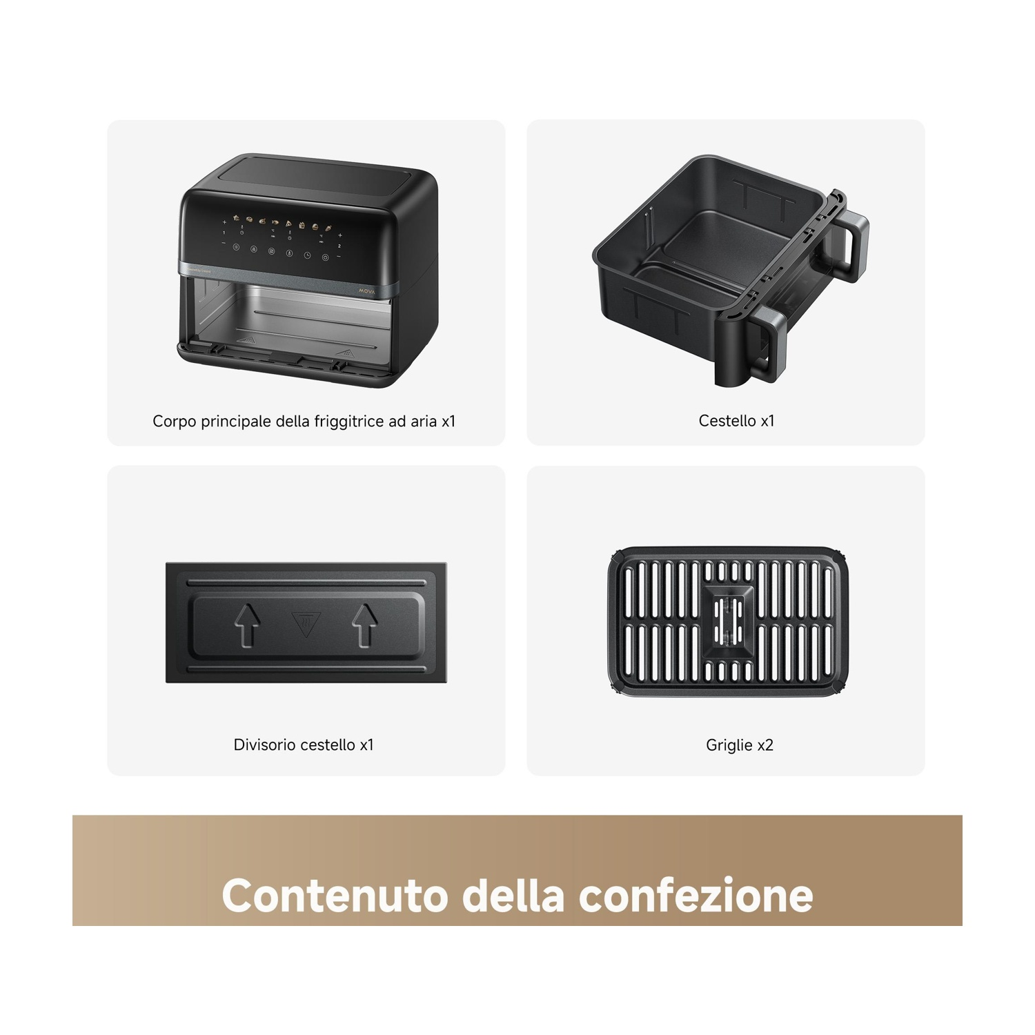 L'immagine mostra una friggitrice ad aria e i suoi componenti: corpo principale, cestello, divisore e griglie. Tutti i componenti sono neri, su sfondo bianco.