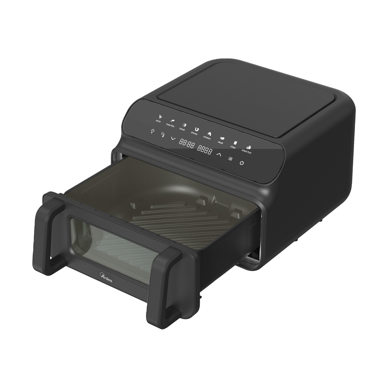 Una friggitrice ad aria nera con cassetto aperto e display digitale. Ha pulsanti per diverse opzioni di cottura. Il marchio è Ardes.