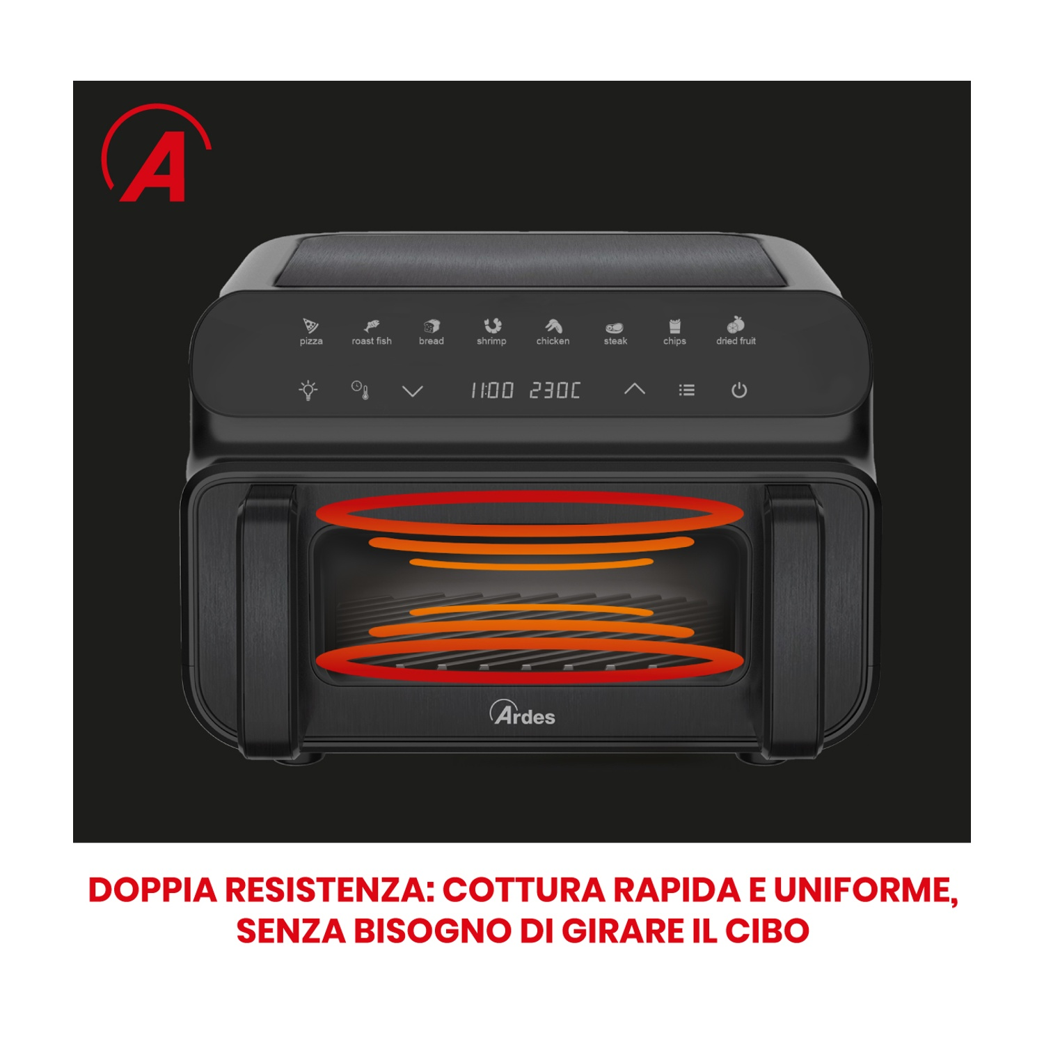 Friggitrice ad aria nera con il marchio Ardes. Ha icone per varie funzioni di cottura ed elementi riscaldanti rossi.