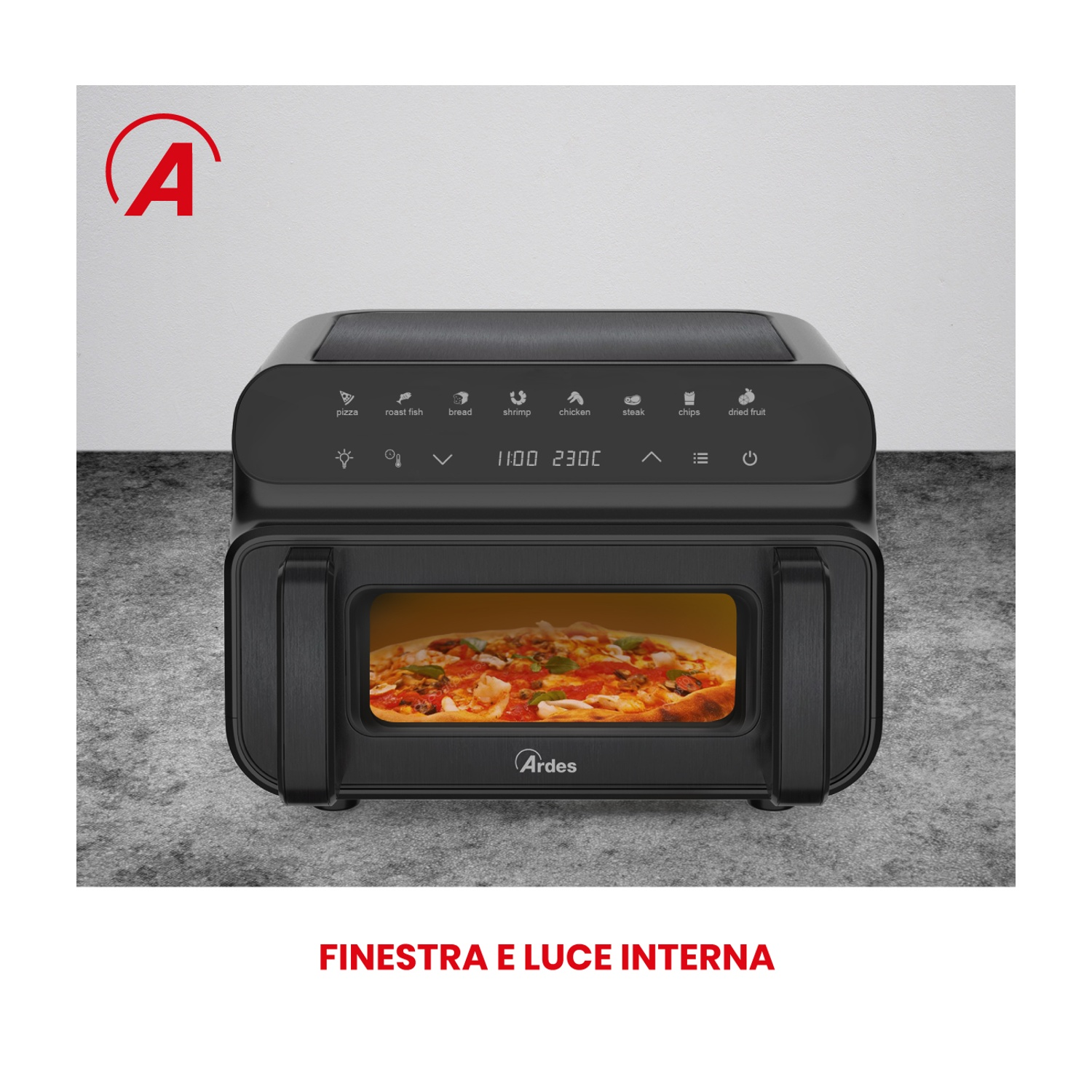 Friggitrice ad aria nera con pizza dentro. In alto icone di cibo. Logo 'A' rosso. Testo in basso: 'Finestra e luce interna'.