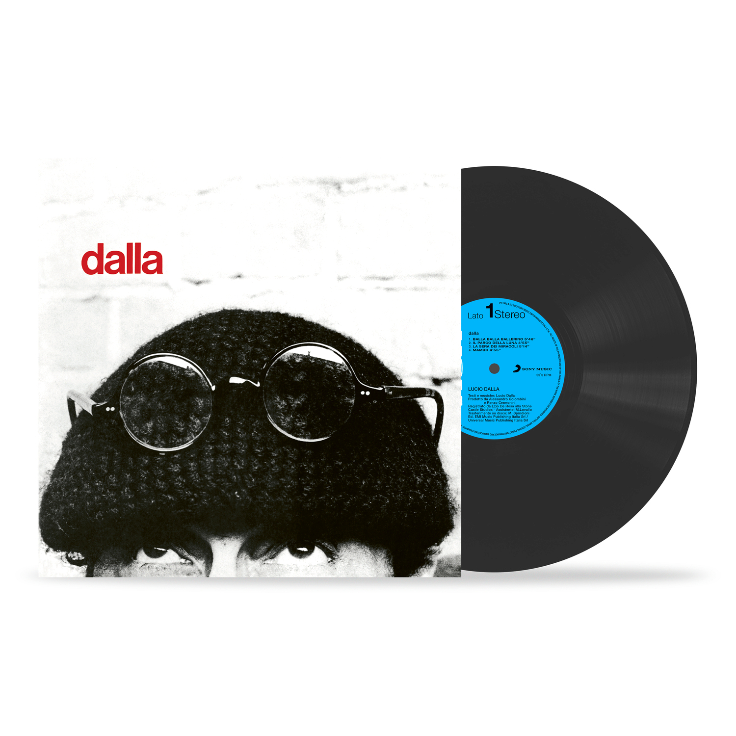 Copertina dell'album: vinile nero, album Dalla. Persona con occhiali rotondi e afro nero. Testo 'dalla' rosso.