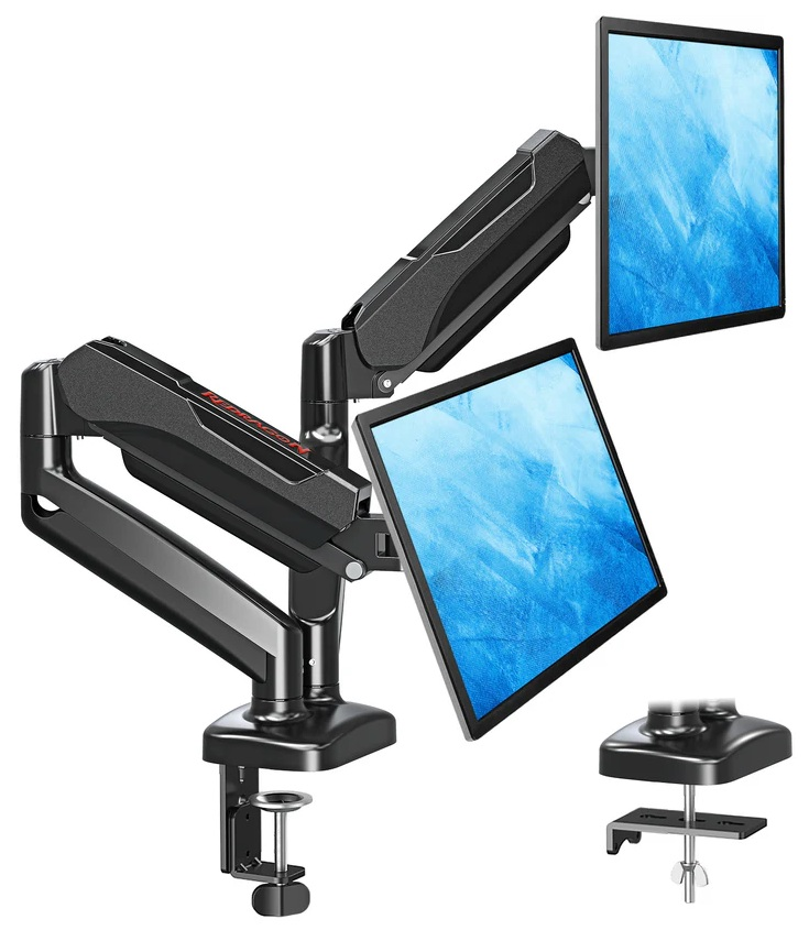 Ramię do dwóch monitorów z dwoma ekranami. Czarny uchwyt z czerwonymi akcentami i podstawą zaciskową. Ekrany wyświetlają niebieskie, abstrakcyjne tło.