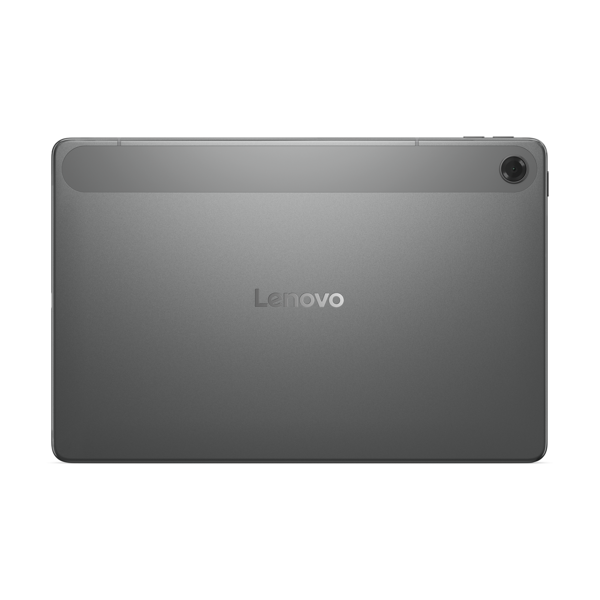 Widok z tyłu szarego tabletu Lenovo. Aparat widoczny w prawym górnym rogu. Logo Lenovo znajduje się pośrodku.