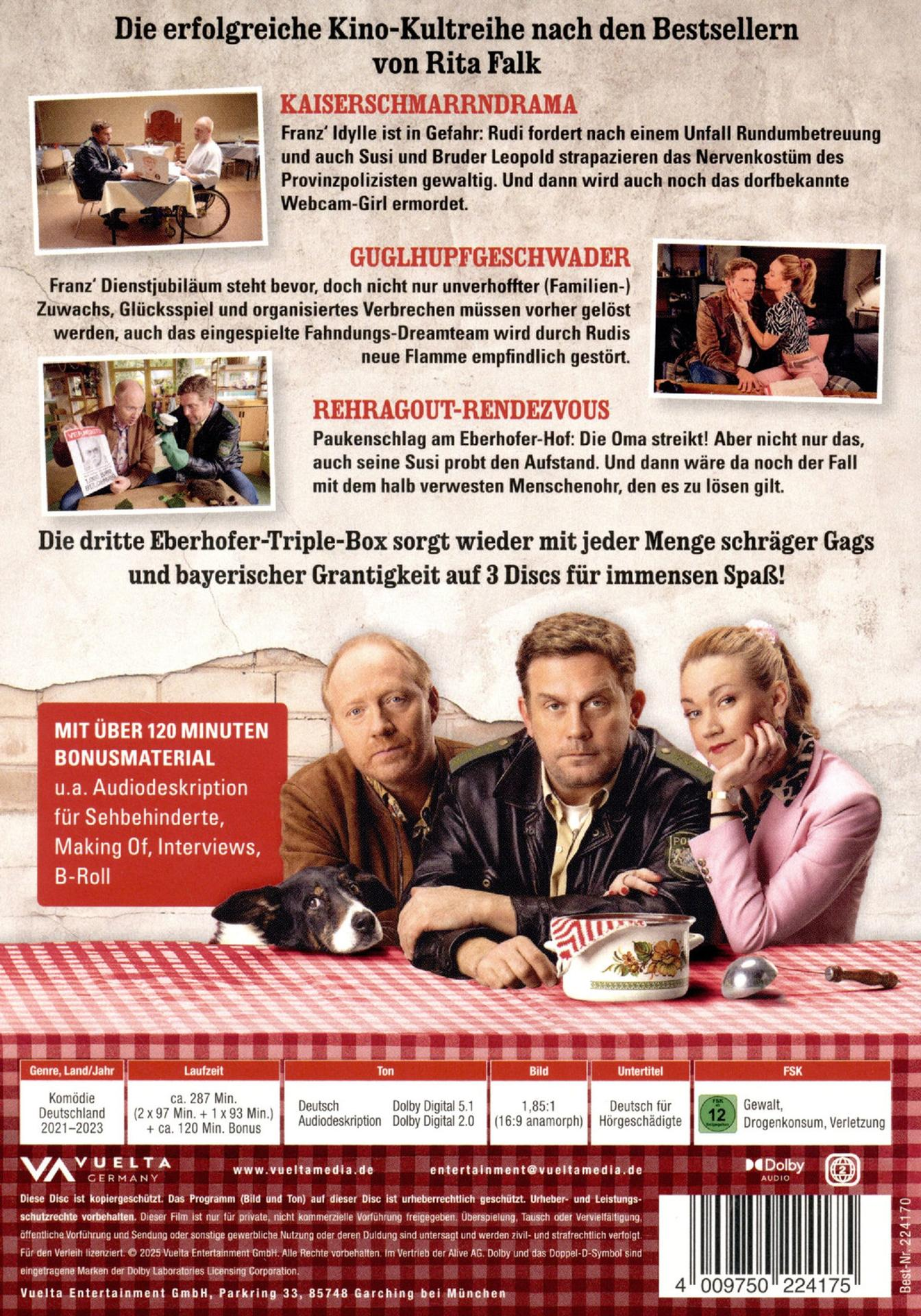 DVD-Cover. Drei Männer und eine Frau. Text auf Deutsch. Titel: Eberhofer Triple-Box.