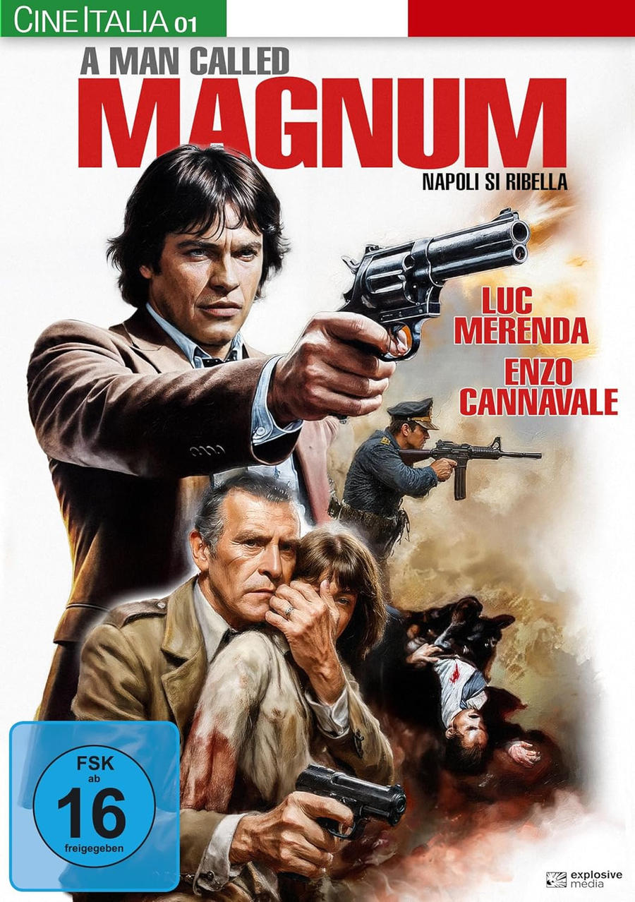 Poster für den Film "A Man Called Magnum". Ein Mann zielt mit einer Waffe. Andere Figuren und Text ergänzen das Design, mit einem Bewertungssymbol.