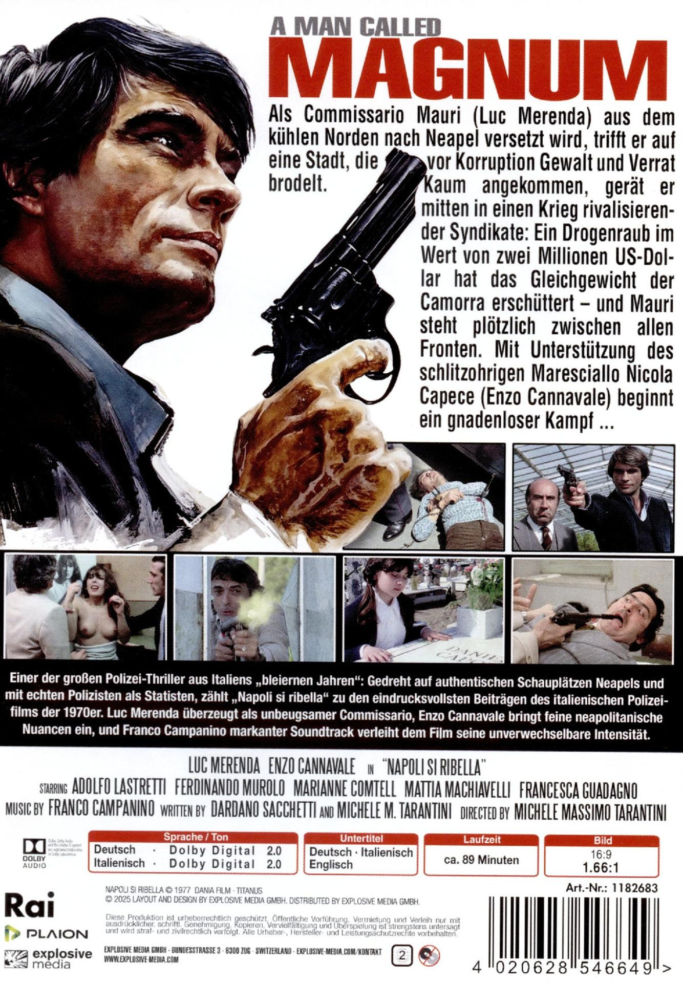 Filmposter: Mann mit Waffe, Text 'Magnum'. Hintergrund zeigt Filmszenen und Text.