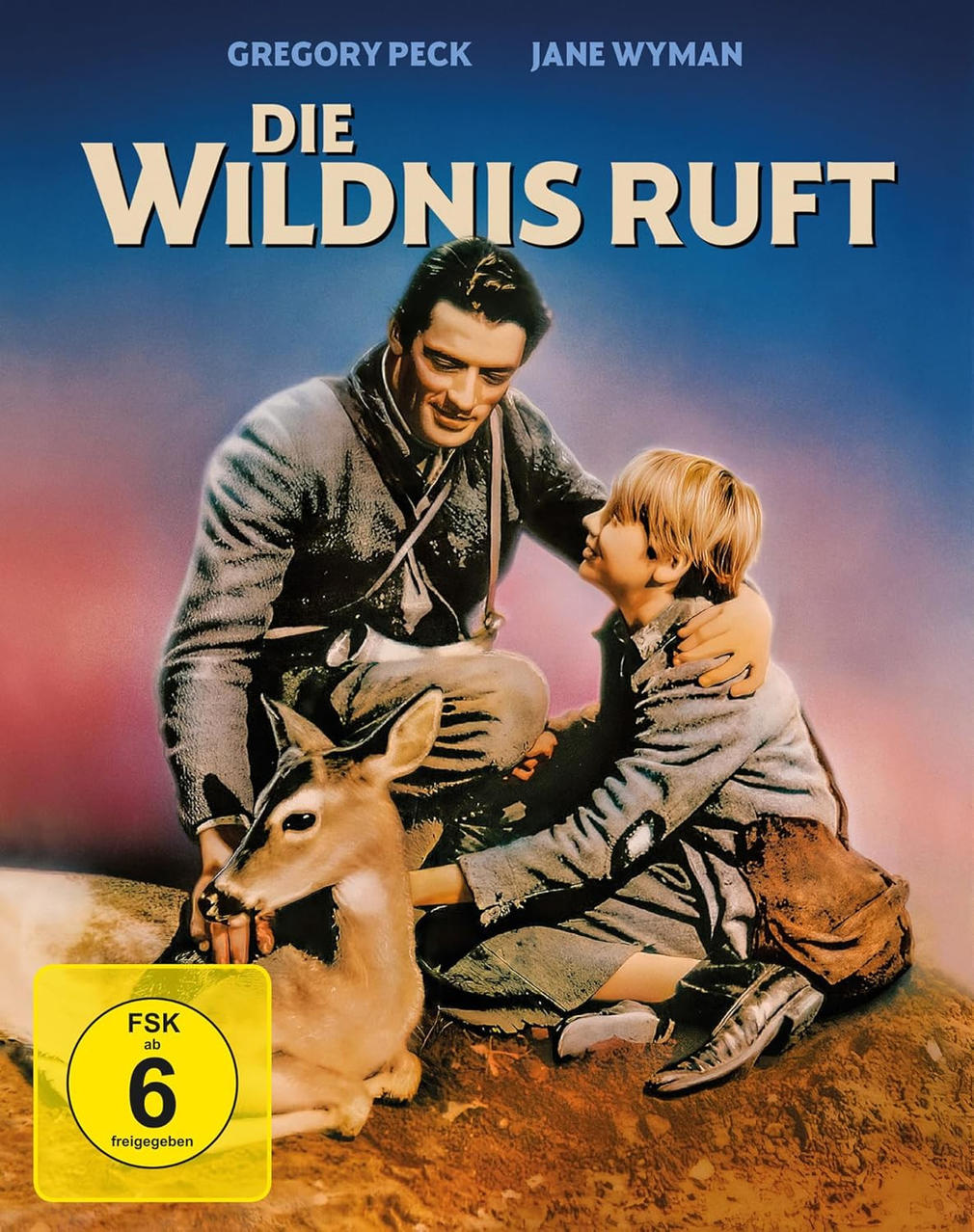 Filmposter mit Gregory Peck und einem Jungen, Reh und Text 'Die Wildnis Ruft'. Gelbe FSK-Bewertung unten links.