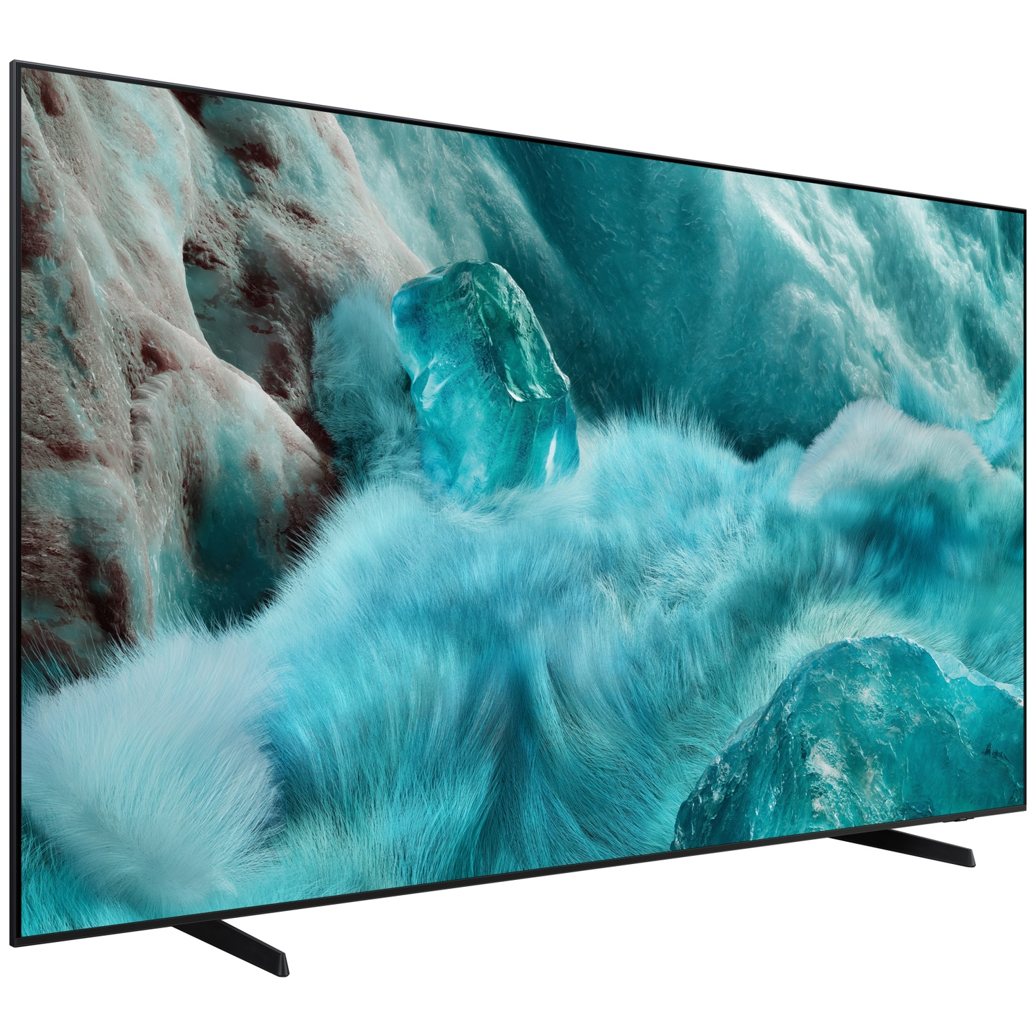 A large, black-framed TV displays a turquoise and white abstract image. The TV is angled, showing its stand and a white background.