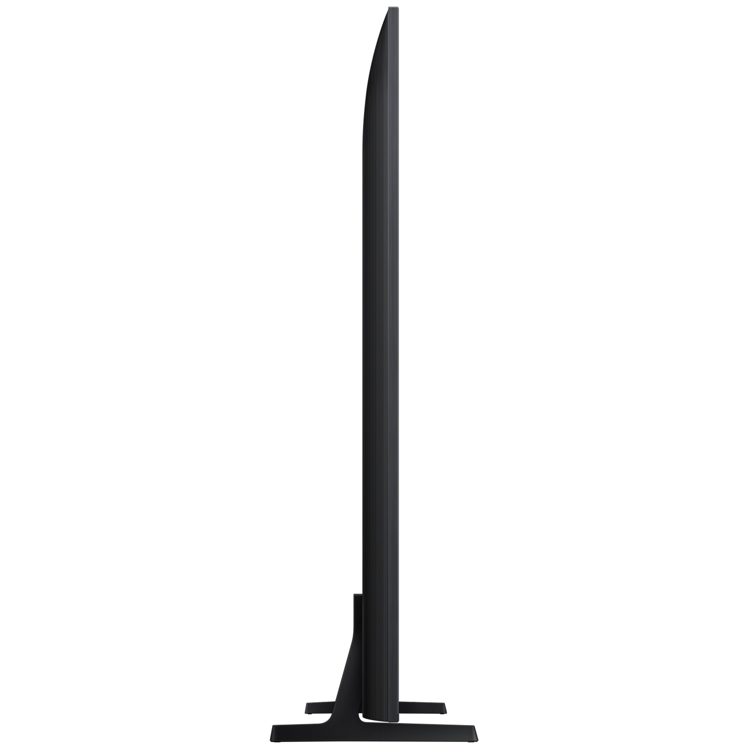 Side view of a black, slim TV with a stand. The TV is upright against a white background.