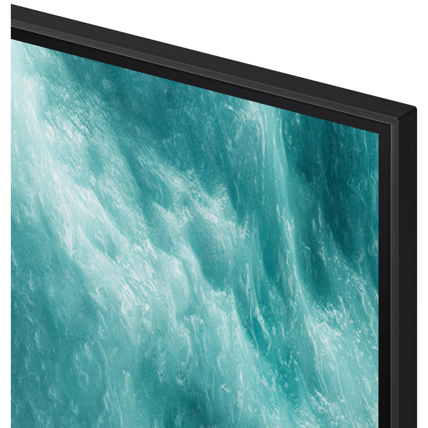 Close-up of a TV screen showing a water wave pattern. The frame is black. The water is turquoise and white.