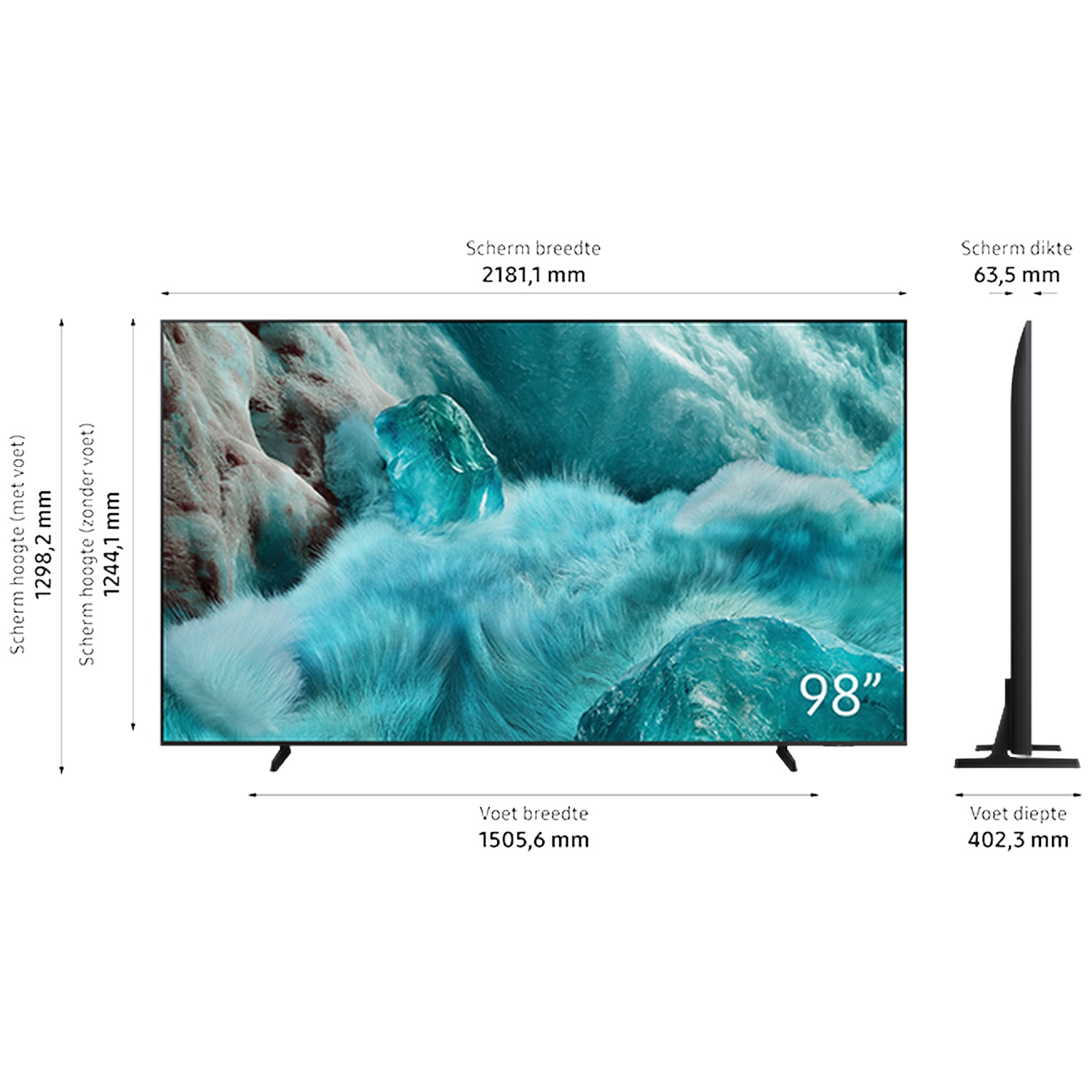 A large 98" TV with a curved screen. Dimensions are listed. The screen shows a cloudy, blue and white image.
